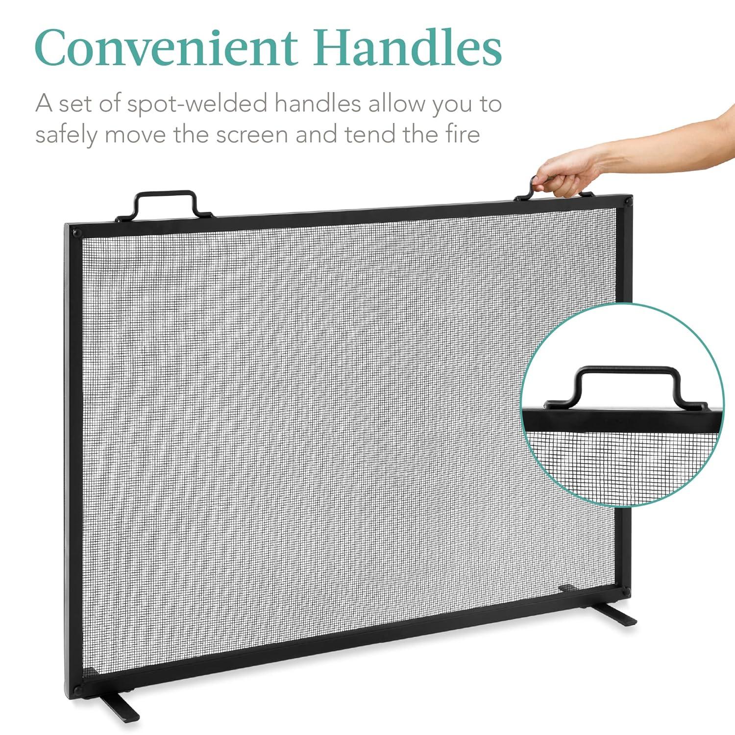 Cassiano 38x27in Single Panel Fireplace Screen Handcrafted Steel Mesh Spark Guard w/ Handles