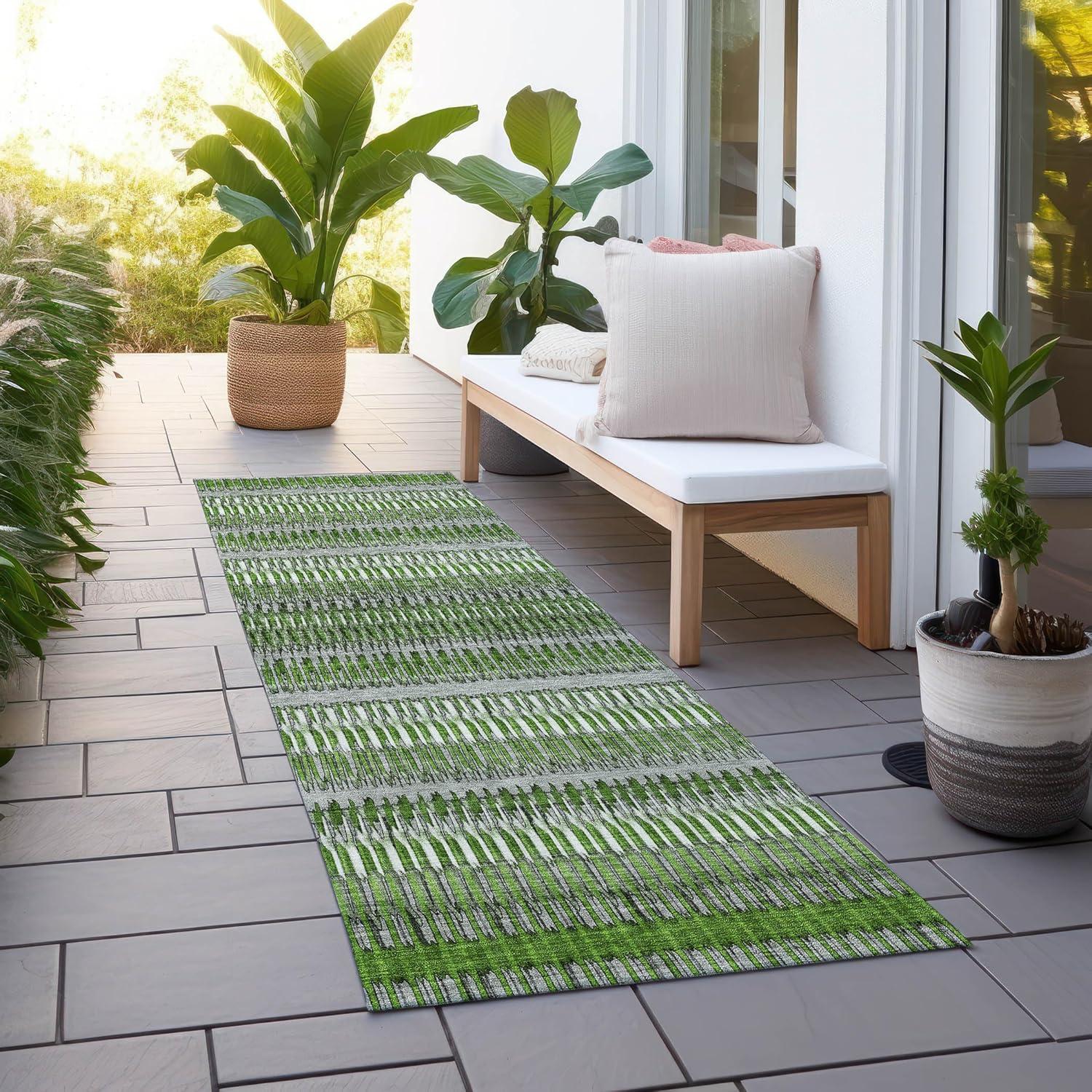 Green and Gray Flat Woven Stripe Synthetic Runner Rug