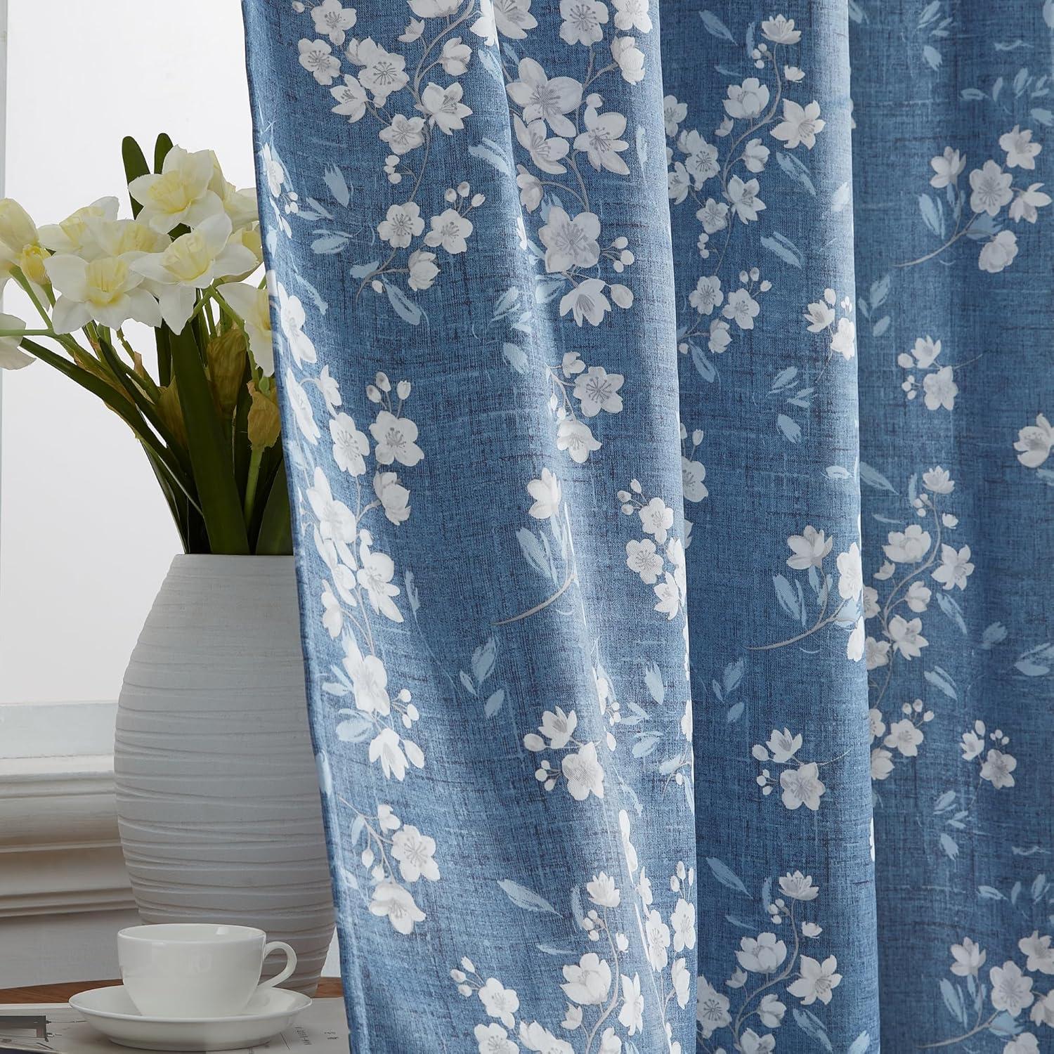 Blue Floral Polyester Room-Darkening Rod Pocket Curtains, 52" x 84"