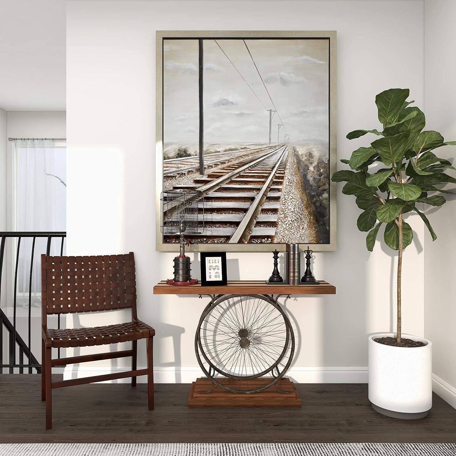 Industrial Brown Wood and Metal Wheel Console Table with Storage