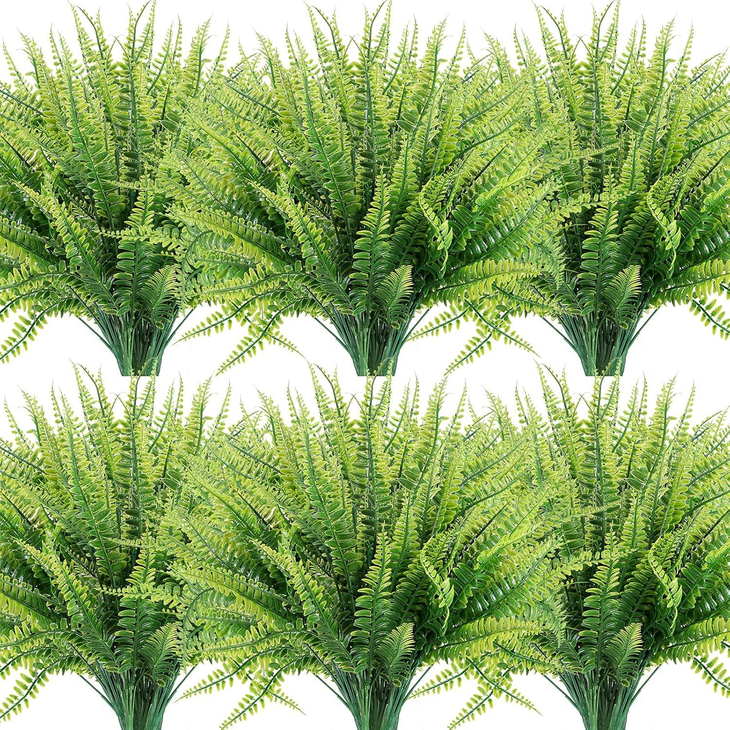 12 Bundles Artificial Ferns for Outdoors Fake Boston Fern Large Greenery Plants UV Resistant Faux Plastic Plants Shrubs for Garden Front Porch Window Box Indoor Outdoor Decoration