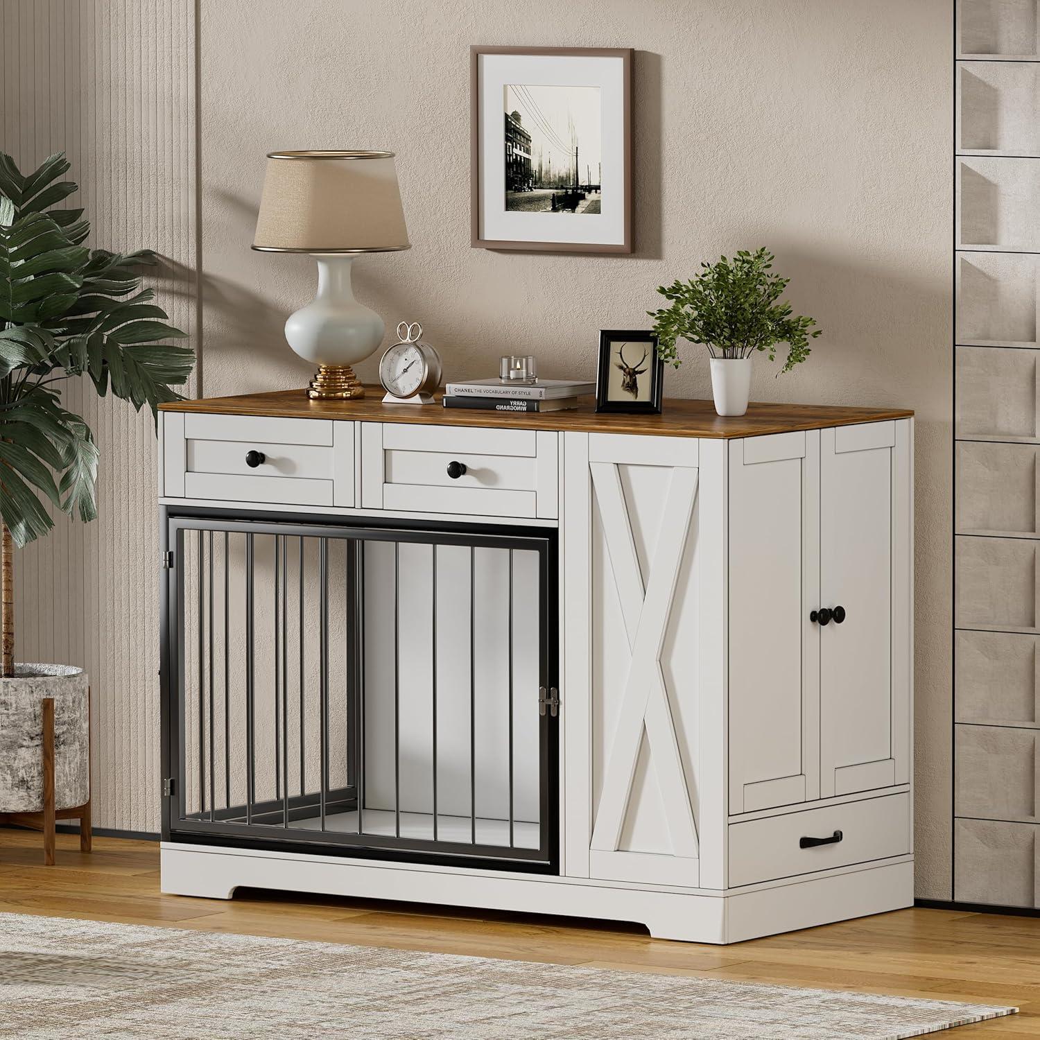 Tucker Murphy Pet™ Gladine Dog Crate Furniture Kennel with Double Doors, Wooden Pet House with 2 Drawers and Pet Feeder Station Storage Cabinet