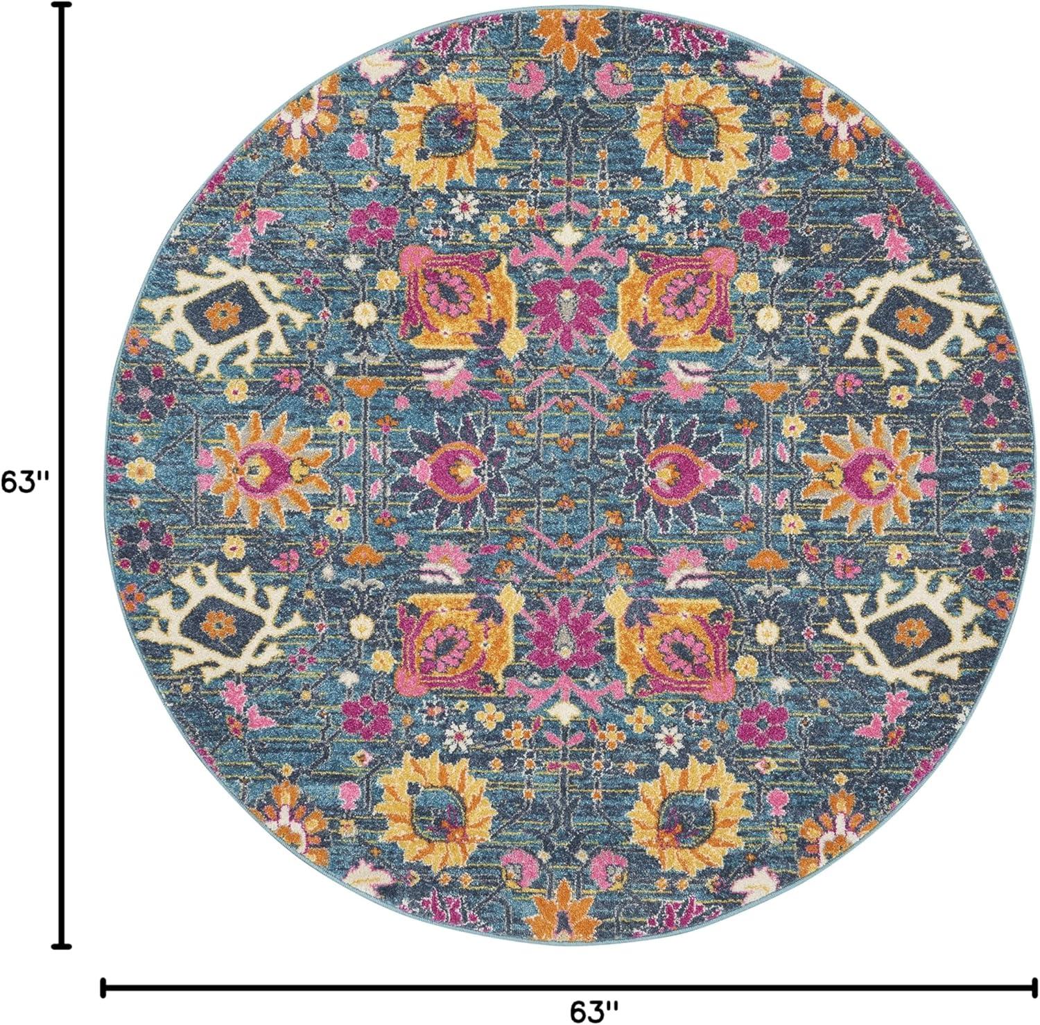 Denim Blue Floral Round Synthetic Area Rug 5'3"