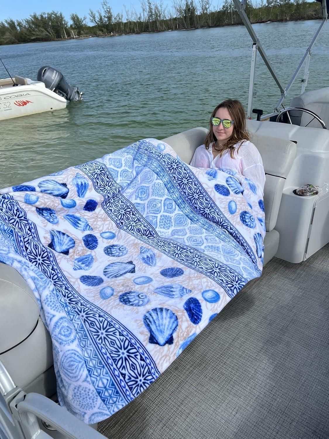 Coastal Ocean Life Fleece Throw Blanket, 50" x 70", Blue and White