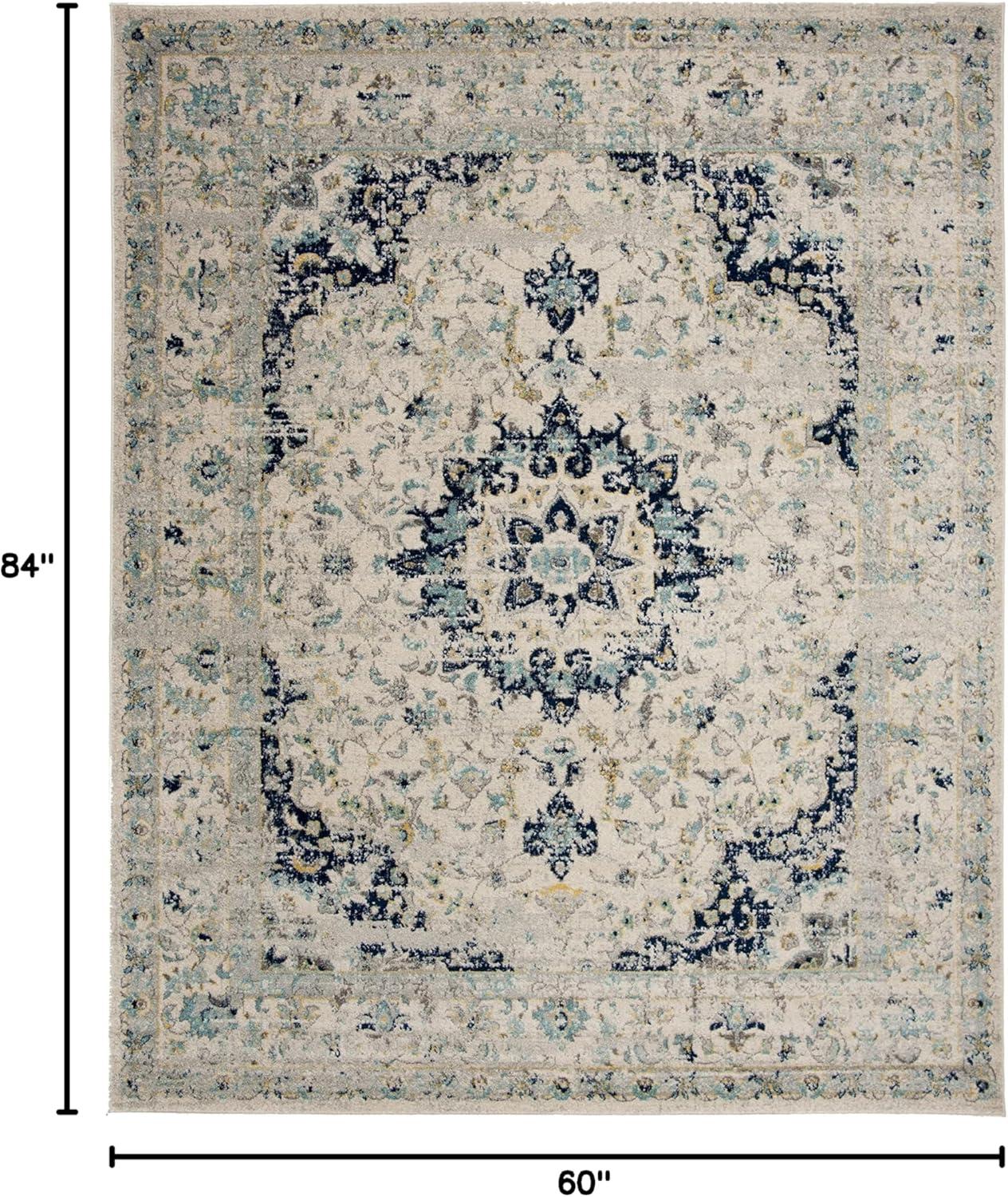 Ivory and Blue Synthetic Reversible 5' x 7' Area Rug