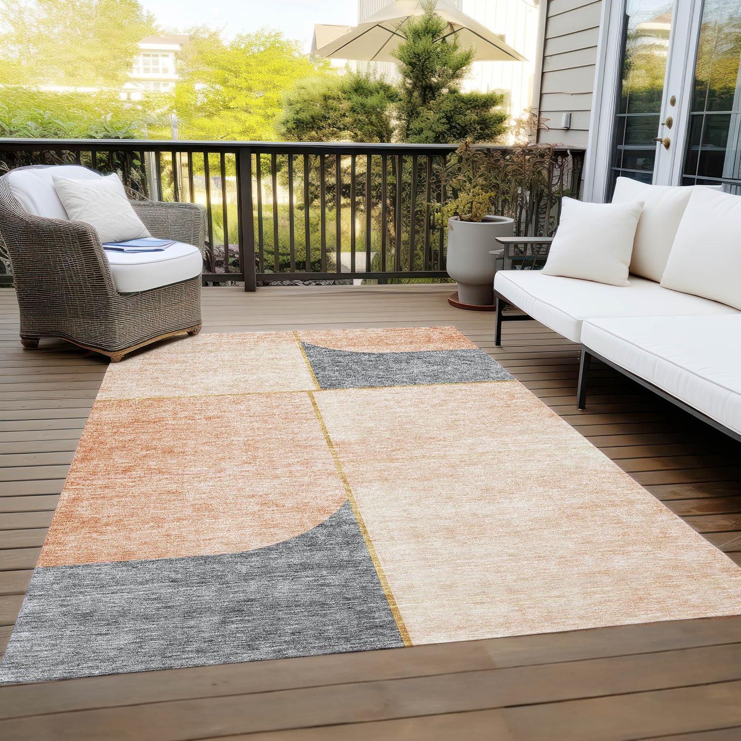 Coral and Gray Rectangular Synthetic Indoor Outdoor Rug