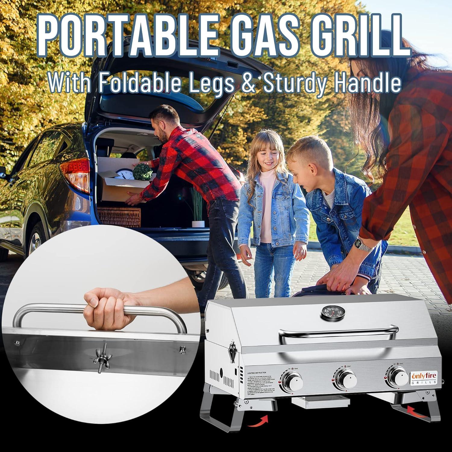 Only Fire Portable 24in 3-Burner Propane Gas Griddle with Lid, Stainless Steel for Outdoor Cooking Camping Tailgating RV