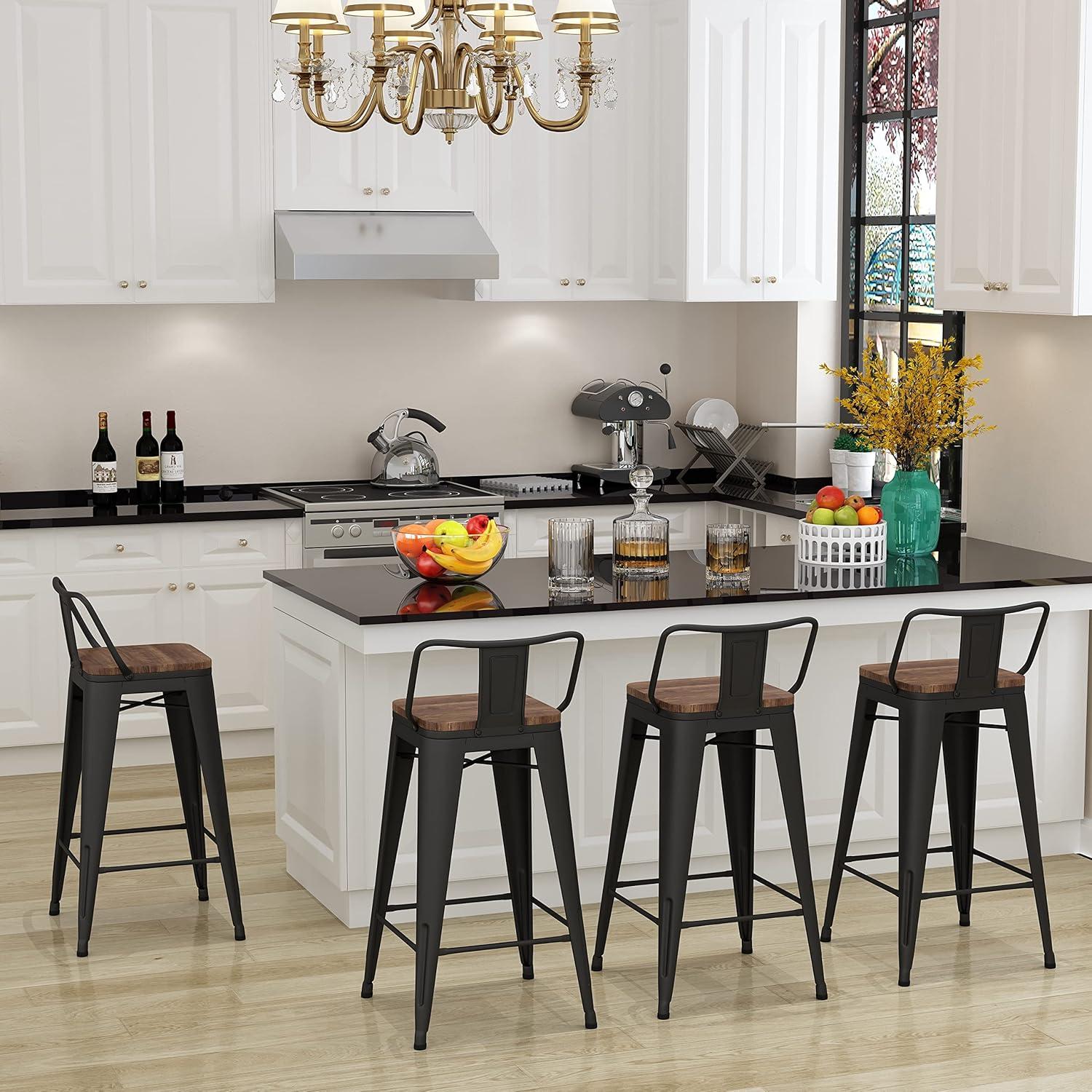 Industrial Black Metal Bar Stools with Wood Seats, Set of 4