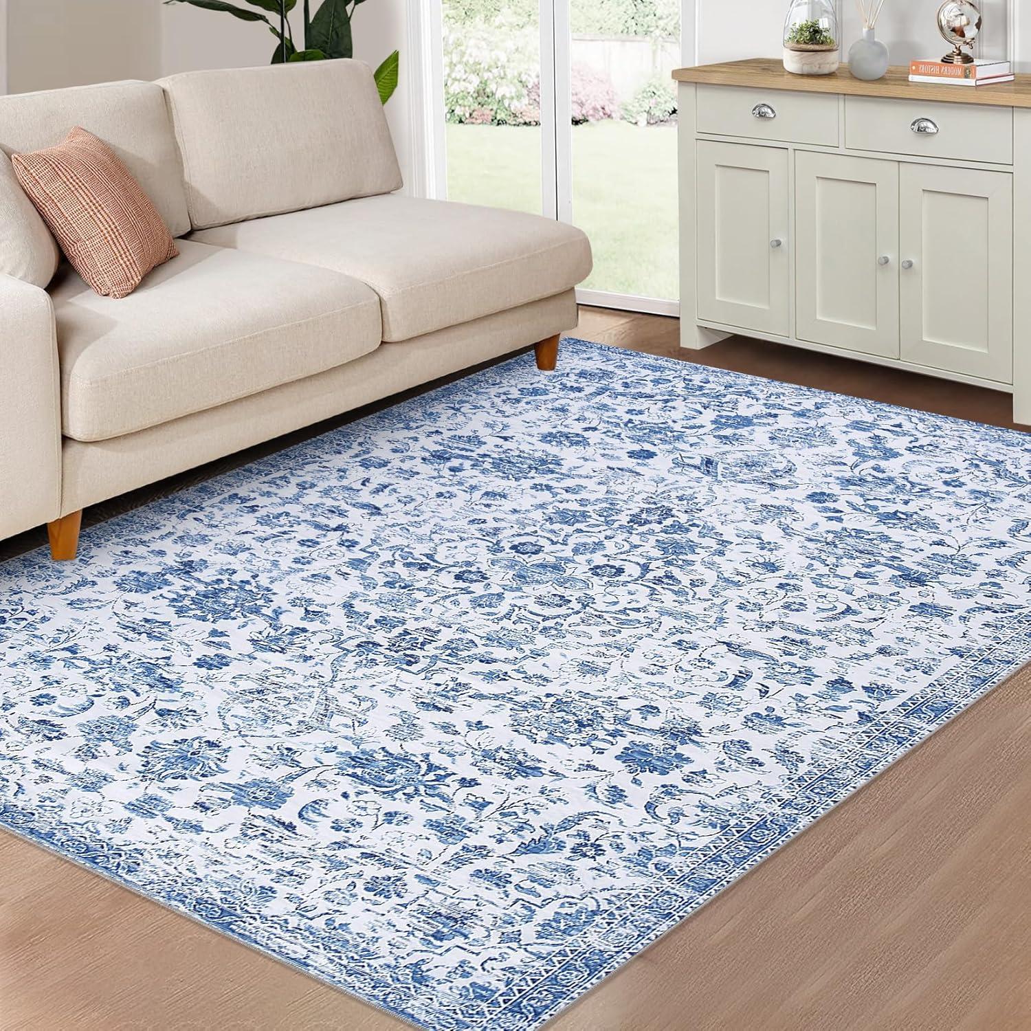 Blue and White Floral Chenille Washable Area Rug 4' x 6'