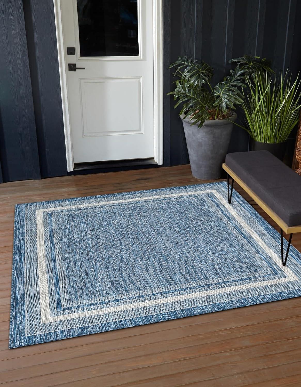 Blue and Ivory Square Outdoor Synthetic Rug