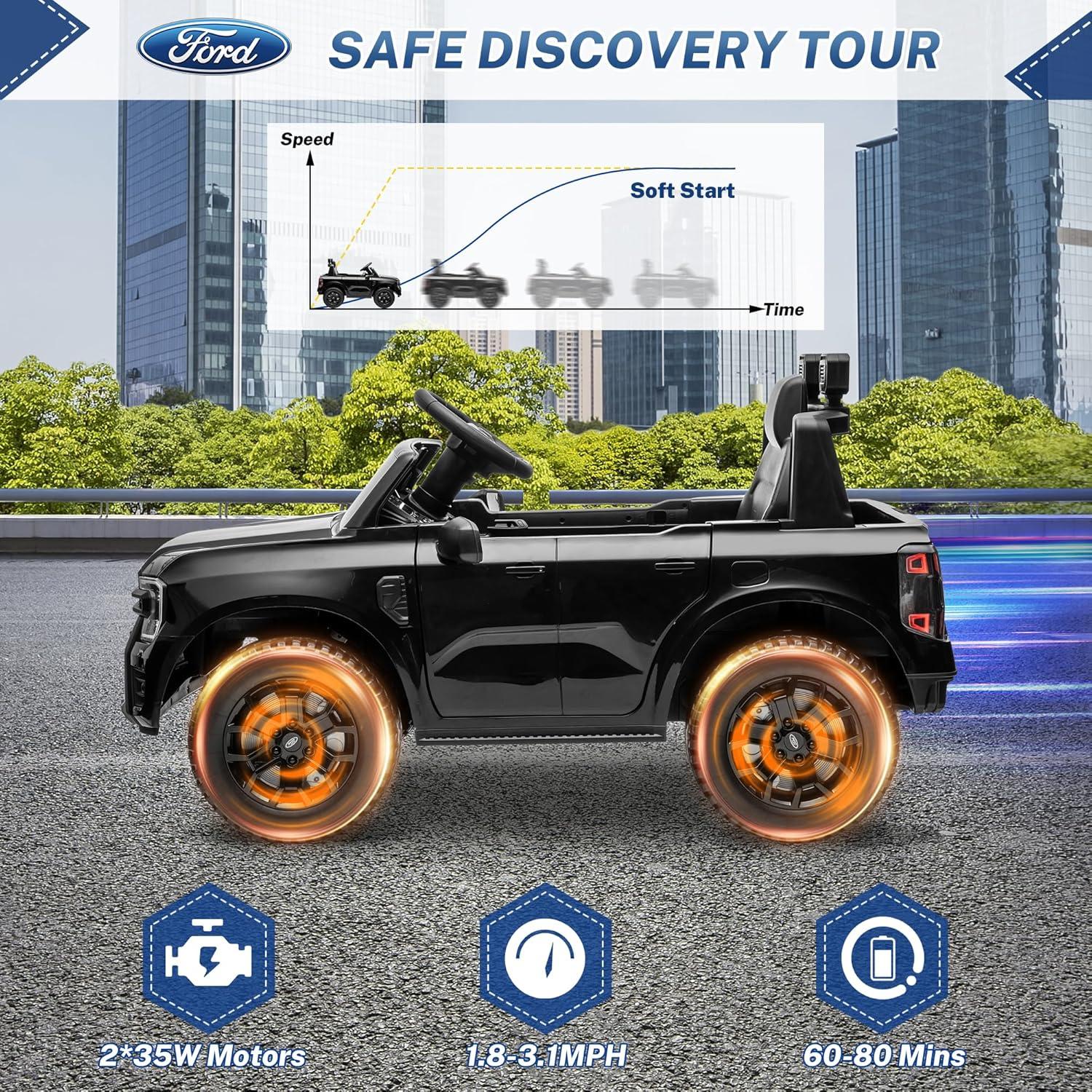 Ford Ranger Ride on Truck, 12V Powered Ride on Toy Cars with Remote Control, Bluetooth, MP3 Player, Safety Belt, LED Lights, Horn, Rear Wheels Drive Kids Electric Car for Boys Girls 3-6 Ages, Black