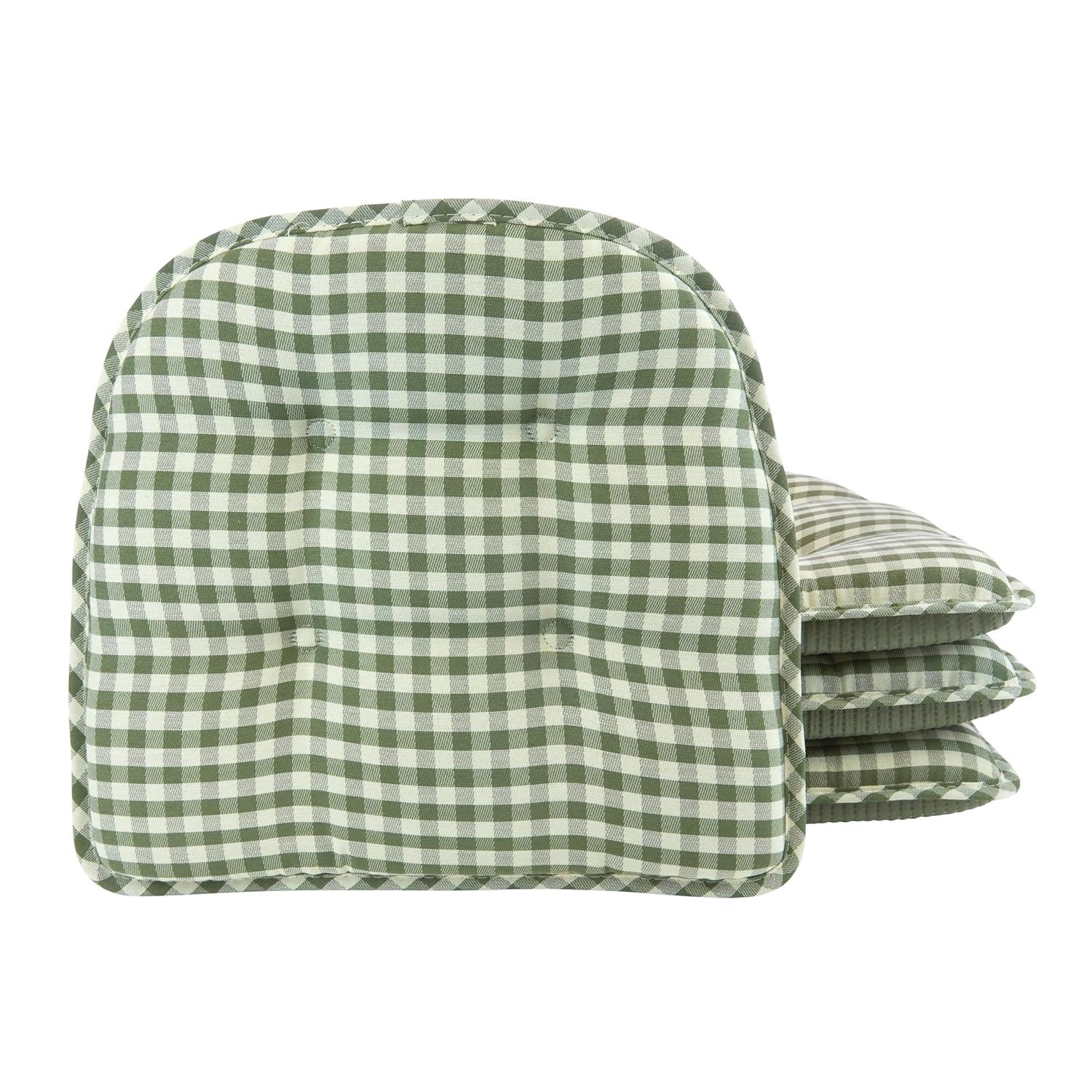 Non-Slip Tufted Chair Cushions for Dining Room, Kitchen and Office Use, U-Shaped Skid-Proof Seat Pad, 15x16 Inches, 4 Pack, Gingham Pine