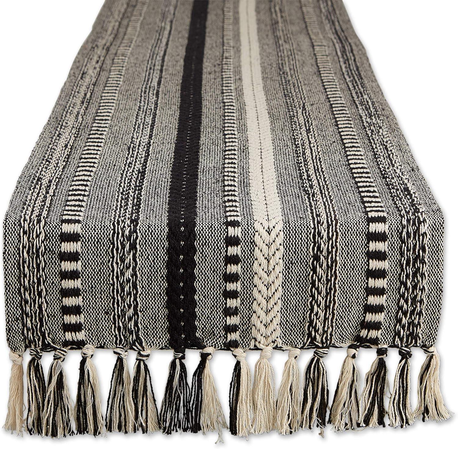 Black and White Cotton Braided Stripe Table Runner with Fringe