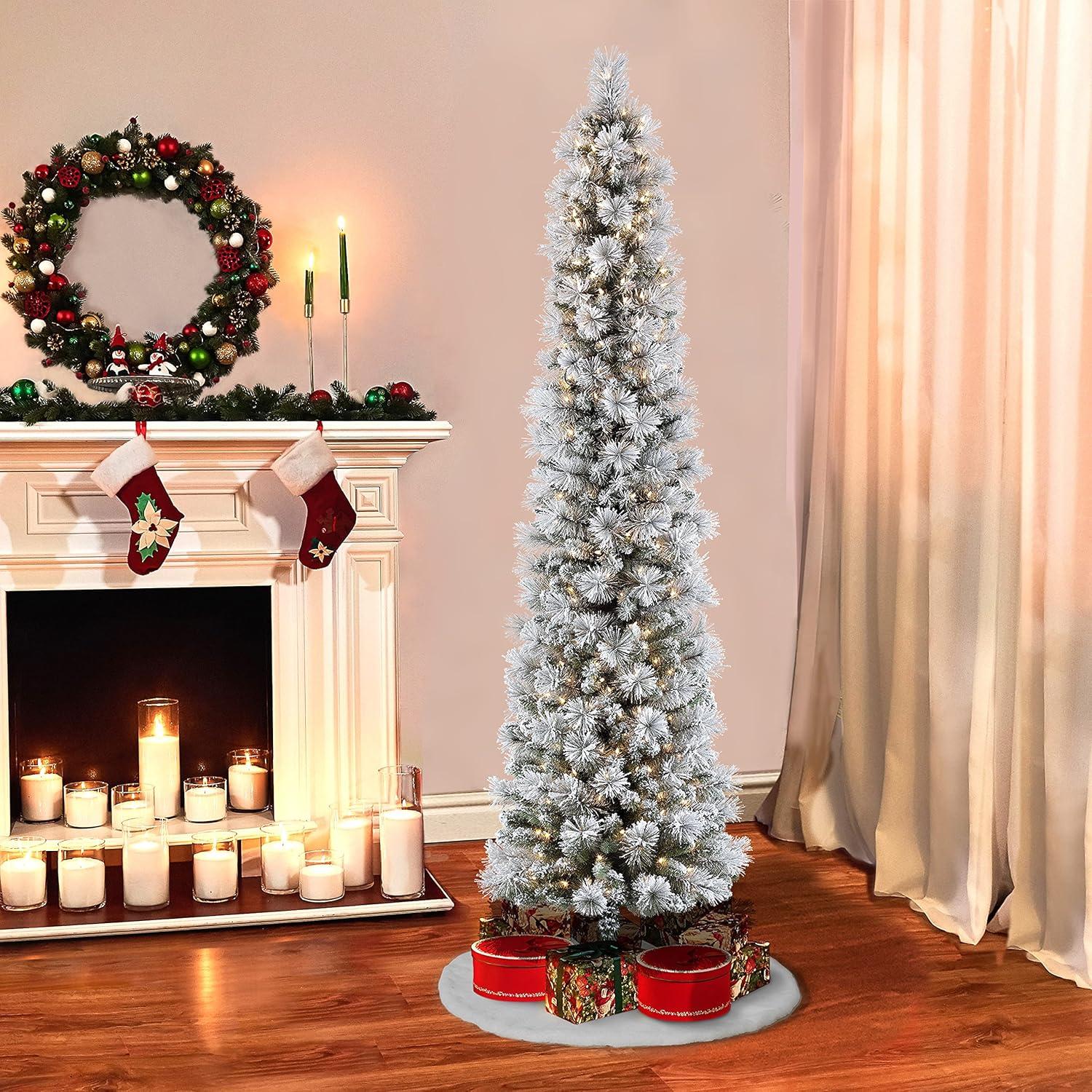 Puleo International 6.5 ft. Pre-Lit Flocked Portland Pine Pencil Artificial Christmas Tree with 300 UL- Listed Clear Lights