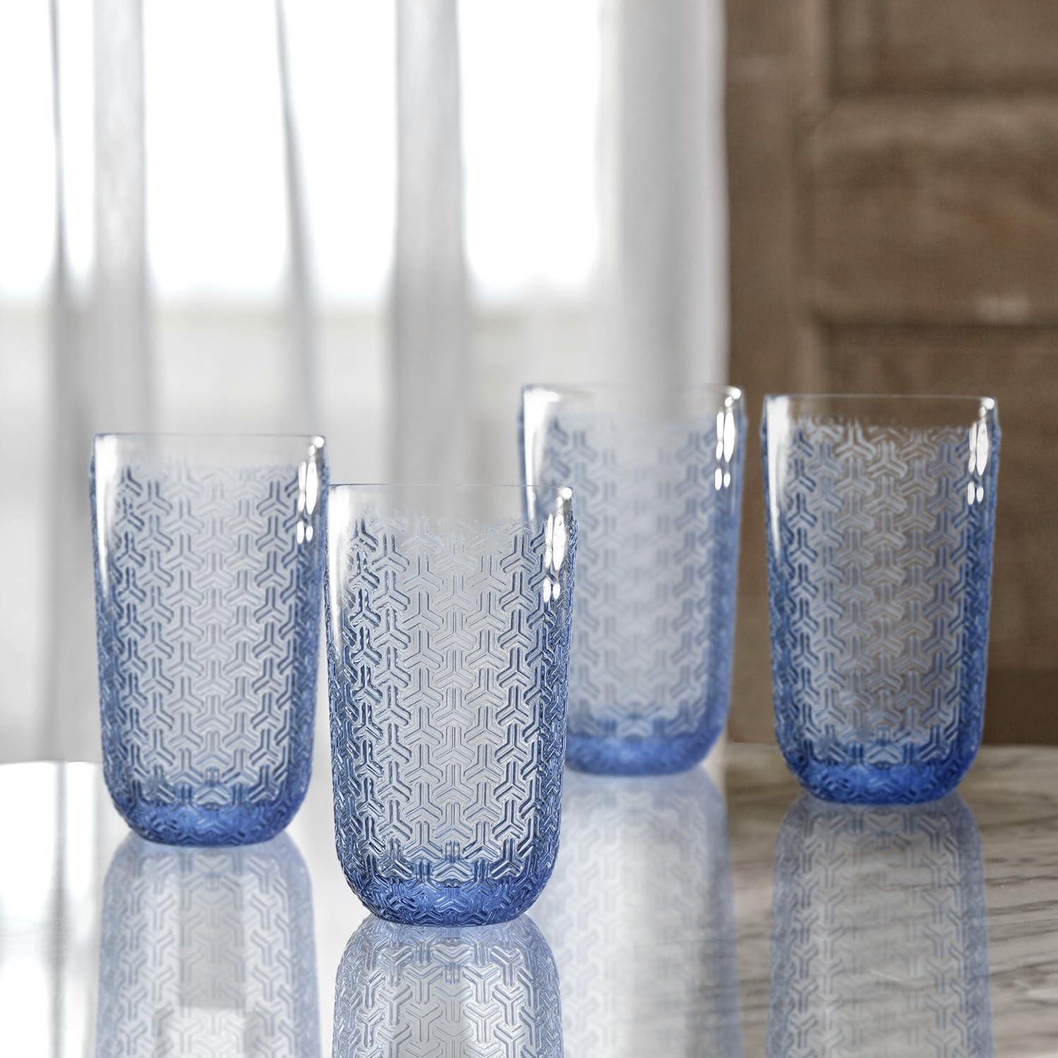 Blue Geometric Textured 14oz Highball Glass Set