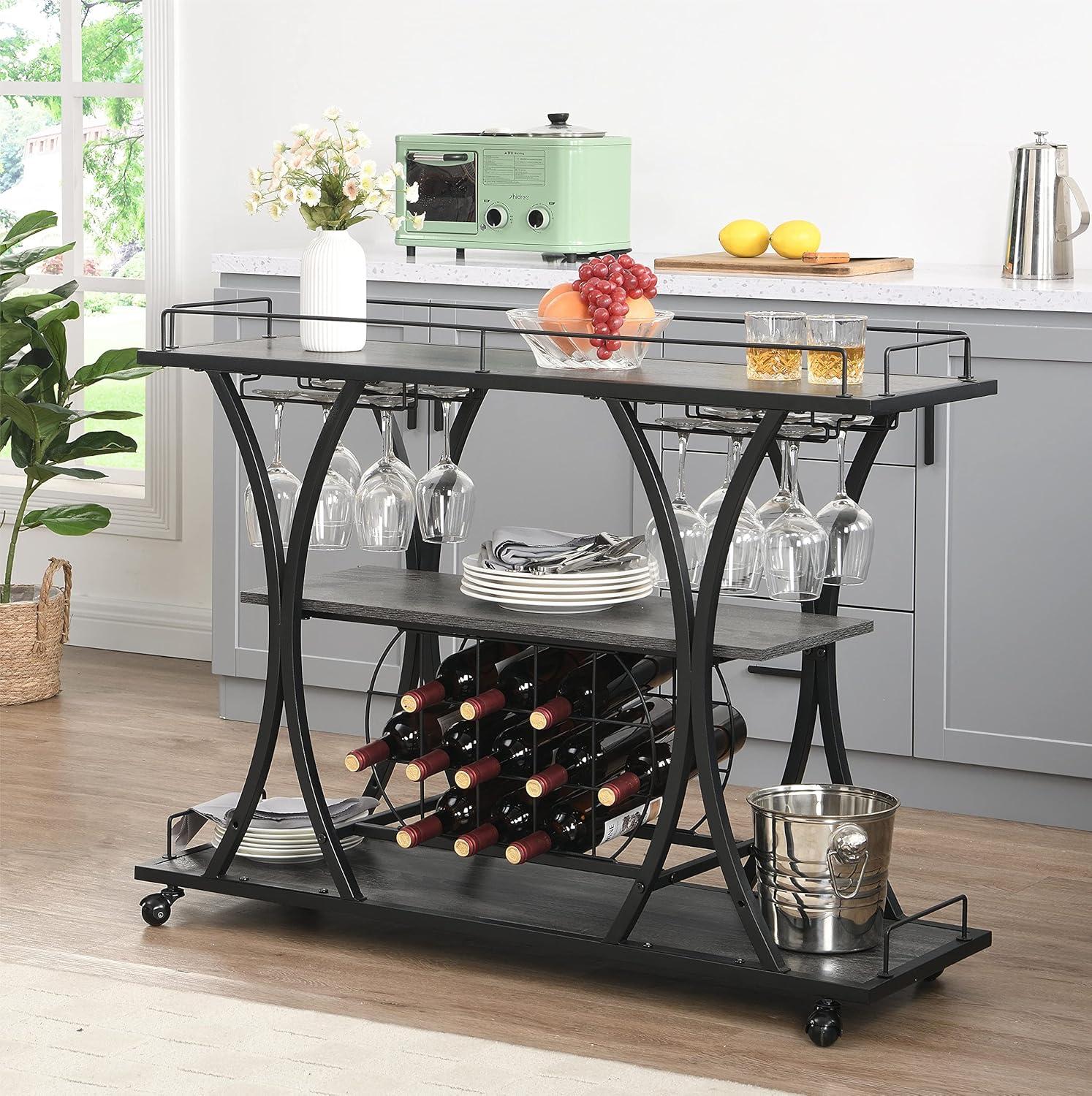 Gray Industrial Bar Cart with Wine Rack and Glass Shelf