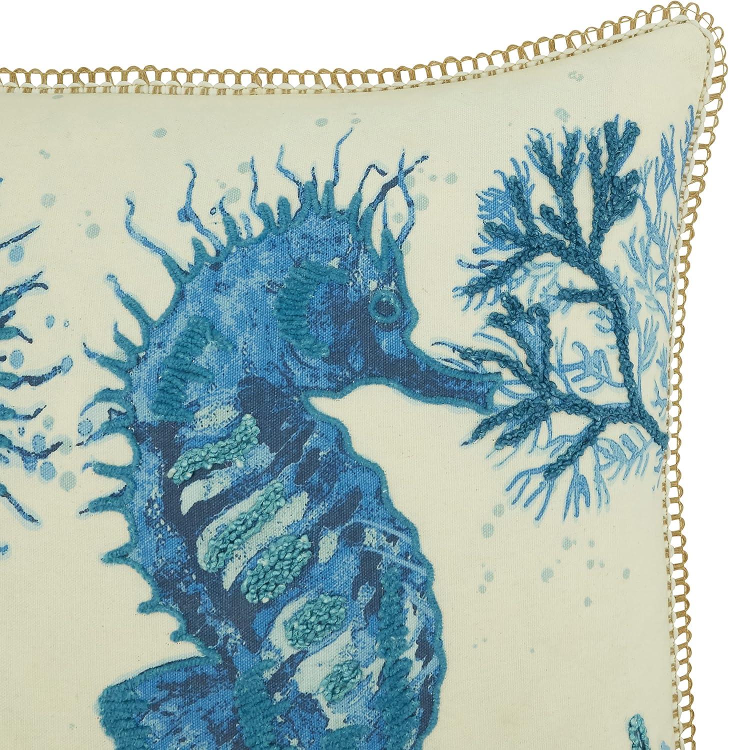 Navy Blue Cotton Sea Horse Design Throw Pillow Cover