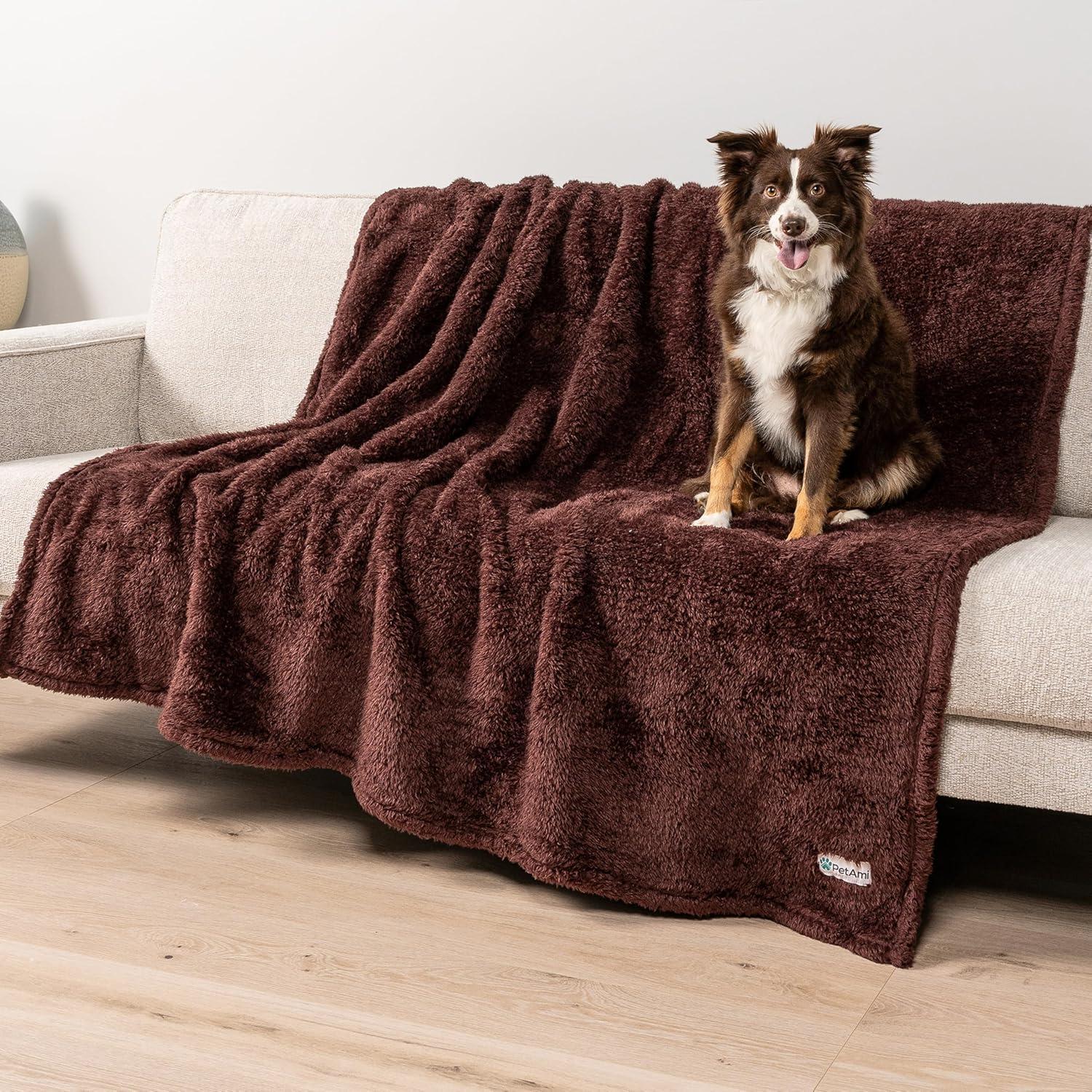 PetAmi Fluffy Waterproof Dog Blanket For Pet Cat Puppy, Soft Faux Shearling Throw Couch Cover, Plush Washable Reversible