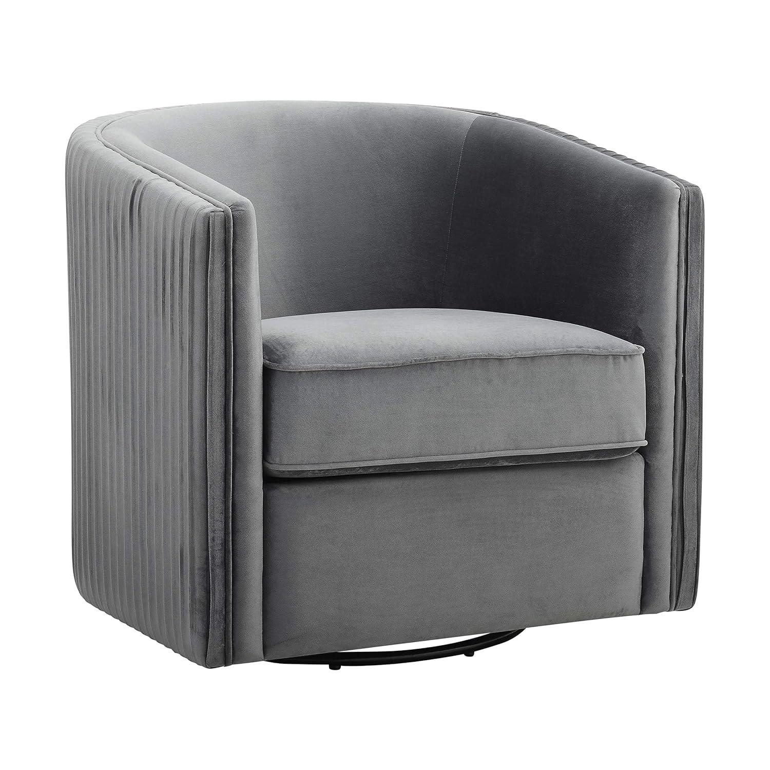 Gray Velvet Barrel Swivel Accent Chair with Metal Frame