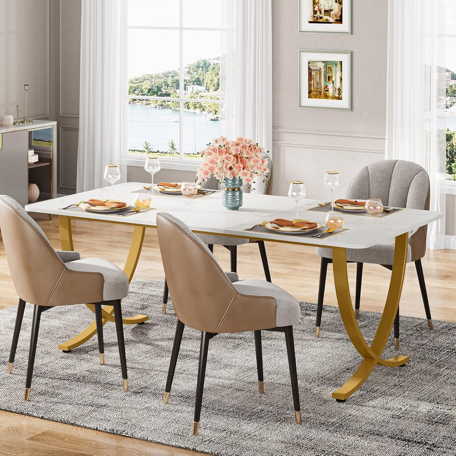 Canddidliike 63" Modern Dining Table Kitchen Table with Faux Marble Table Top, Dining Table for Living Room, Kitchen, White & Gold