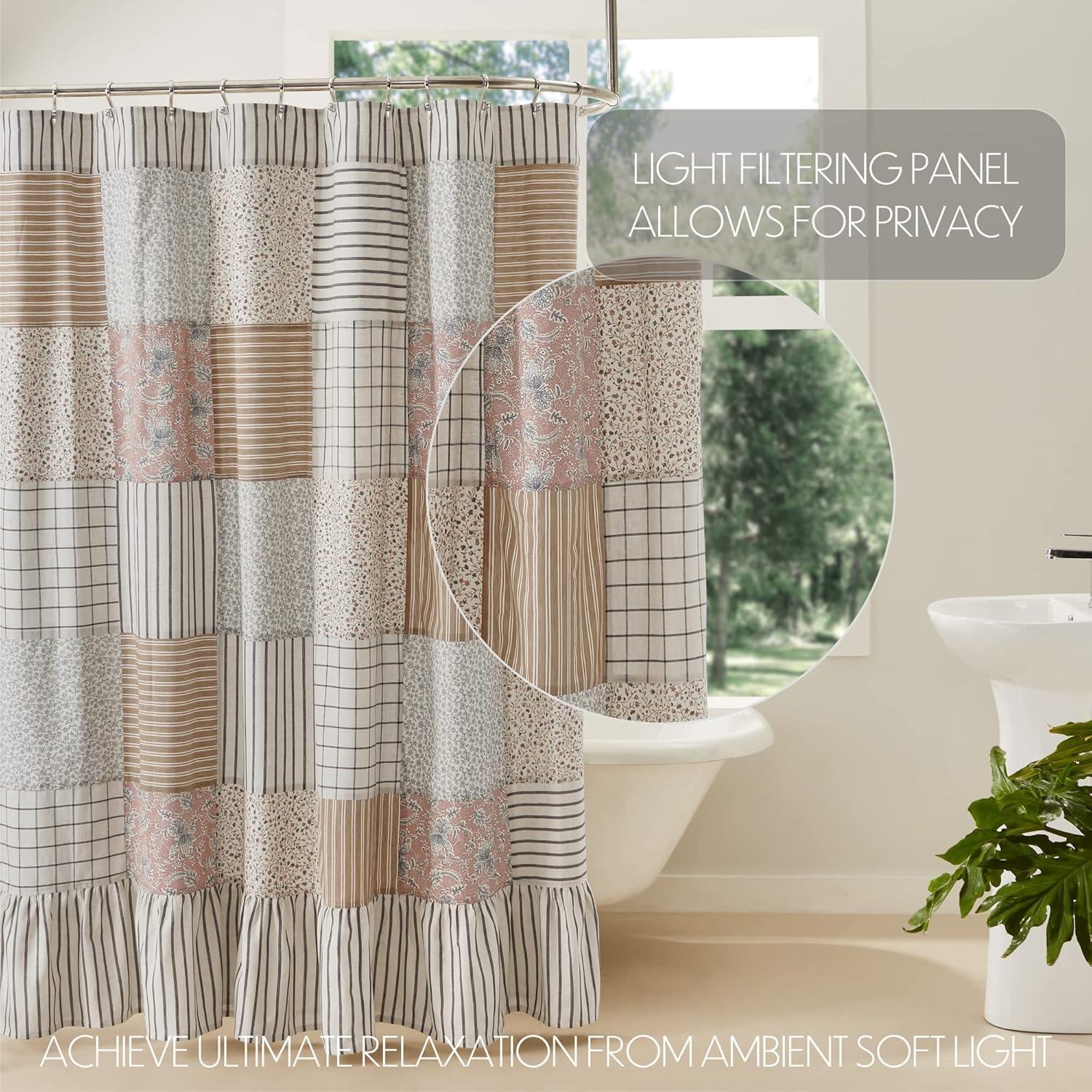 Kaila Patchwork Navy Tan Rose Cotton Shower Curtain 72x72