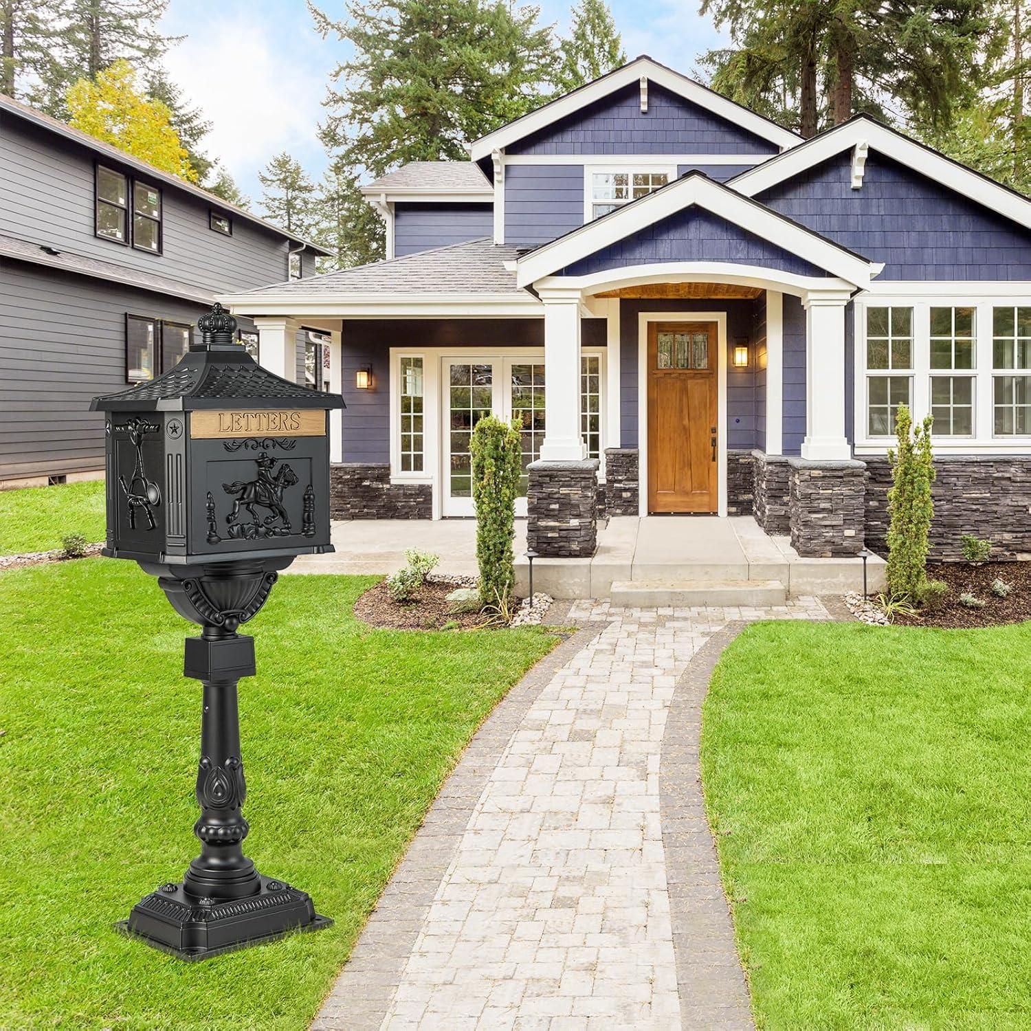 Black Cast Aluminum Lockable Retro Mailbox with Post