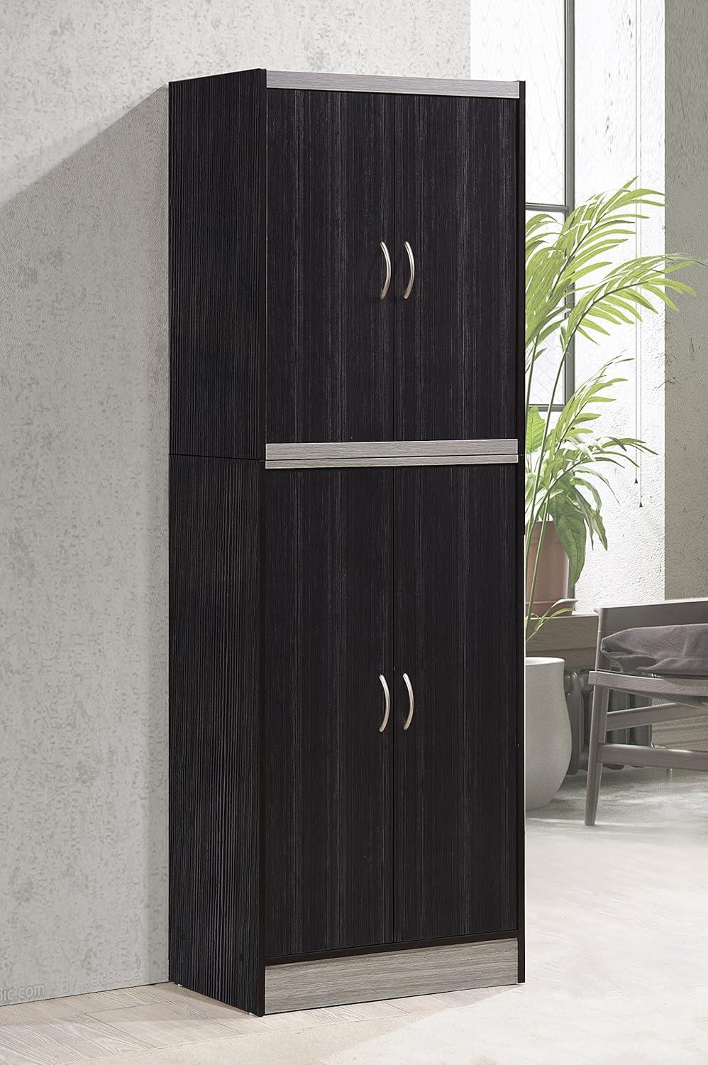 Hodedah 4 Door Kitchen Pantry 4 Shelves 5 Compartments in Chocolate-Grey Wood