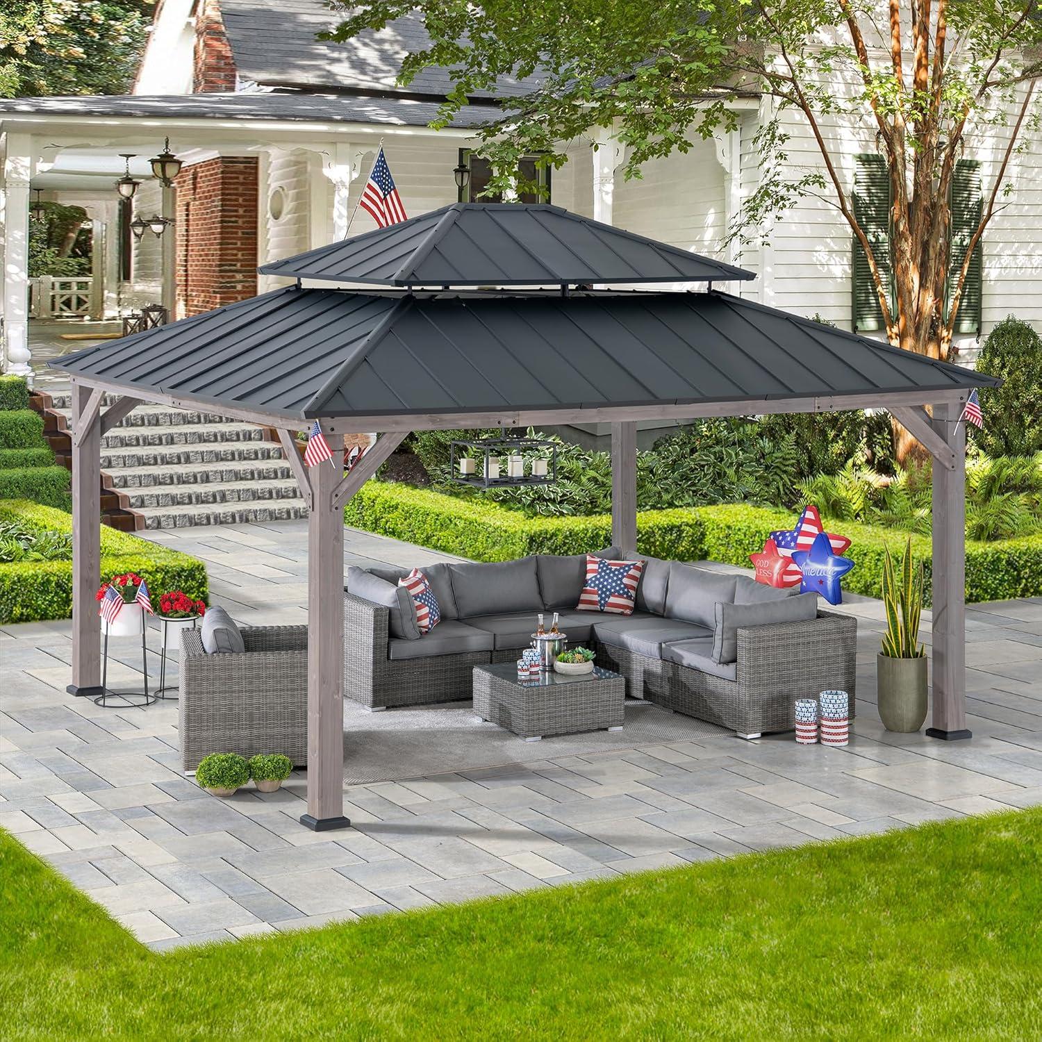 Sunjoy Sunjoy 13 x 15 ft. Wood Gazebo, Outdoor Patio Steel Hardtop Gazebo, Cedar Framed Wooden Gazebo with 2-Tier Metal Roof, Suitable for Patios, Lawn and Backyard
