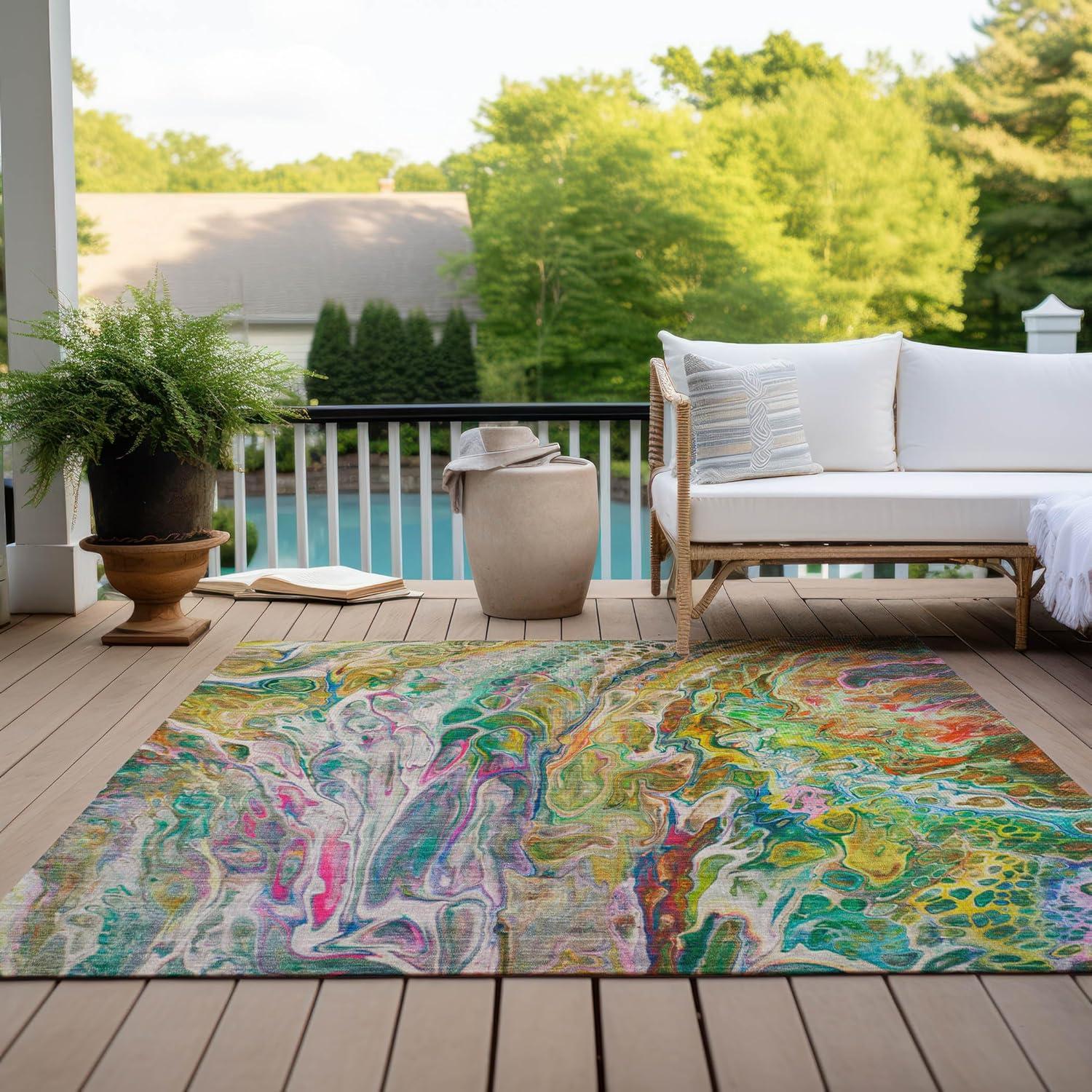 Green Abstract Synthetic 8' x 10' Washable Area Rug