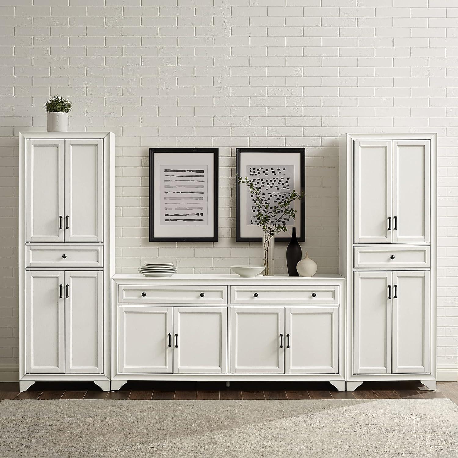 3pc Tara Sideboard and Pantry Set Distressed White - Crosley: Kitchen Storage, Adjustable Shelves, MDF