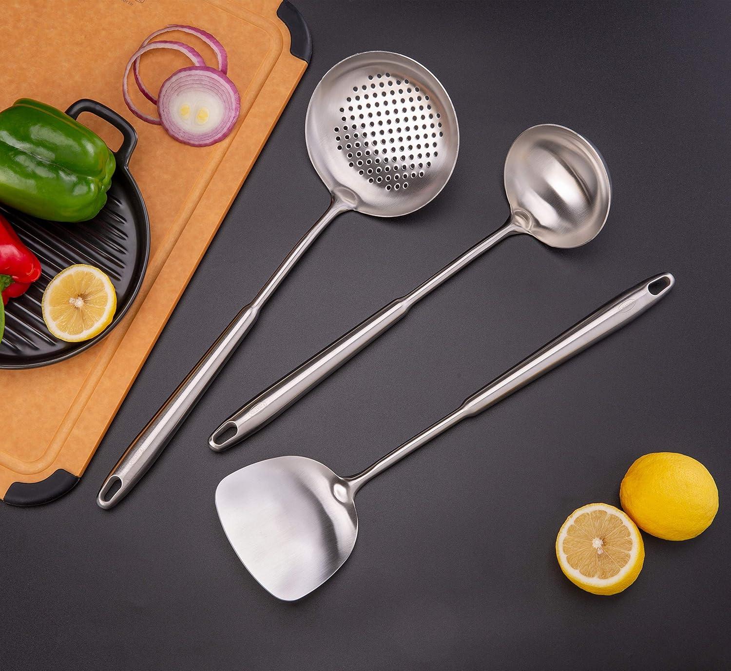 Stainless Steel Wok Spatula, Ladle, and Skimmer Set