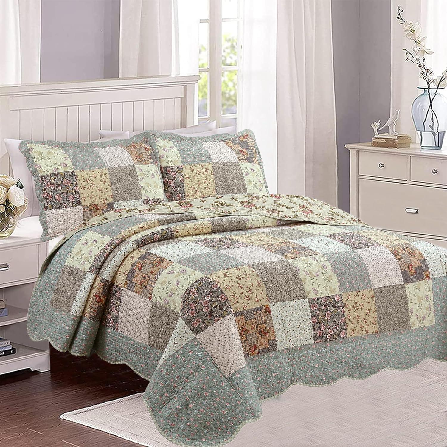 Azure Patchwork Reversible Cotton Queen Quilt Set