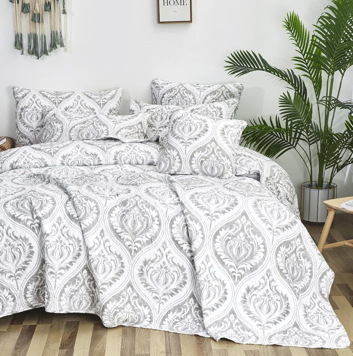 California King Gray Microfiber Reversible Damask Quilt Set