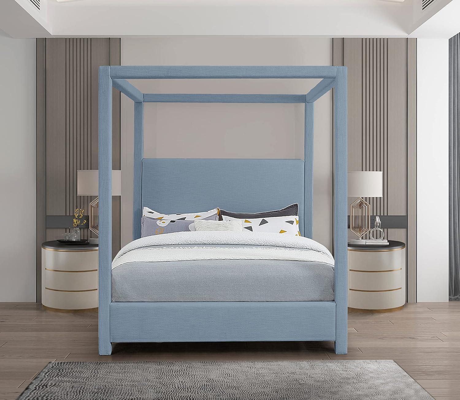 Meridian Furniture Emerson Sky Blue Linen Textured Fabric Queen Bed