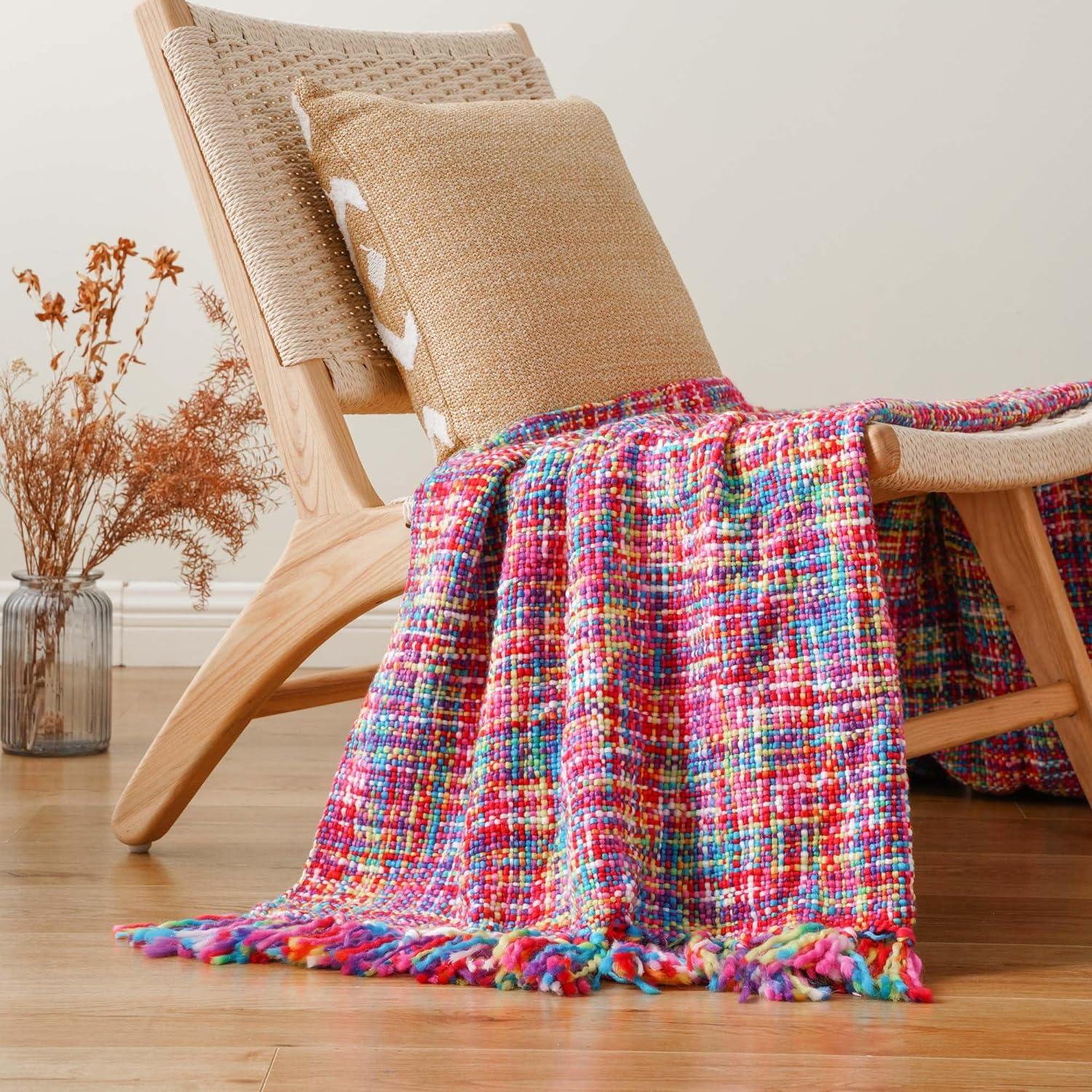 Brick Red Knitted Acrylic Throw Blanket with Fringes, 50"x60"
