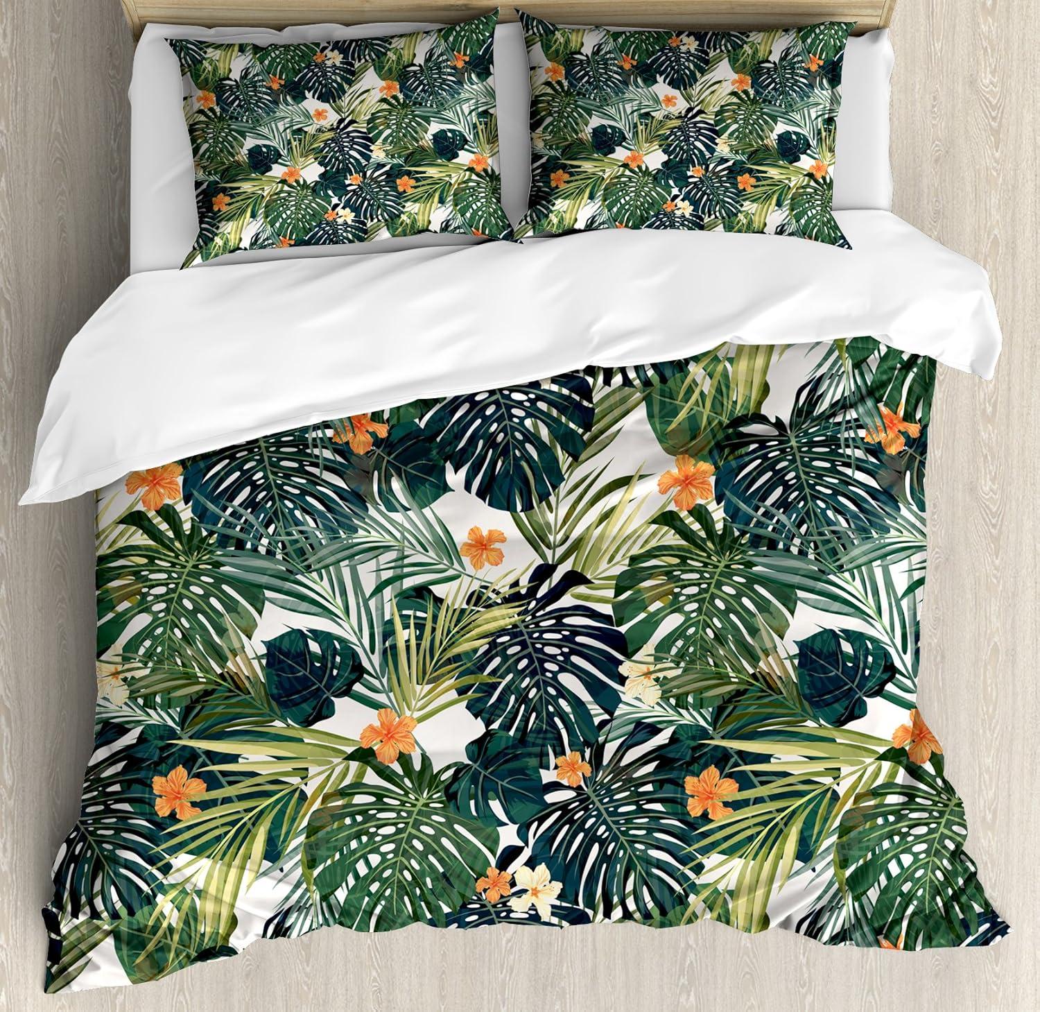 Floral Hawaiian Duvet Cover Set, Exotic Botanical Garden Pattern with Colorful Flowers Repetition, Decorative 3 Piece Bedding Set with 2 Pillow Shams, Queen Size, Seafoam Multicolor, by Ambesonne