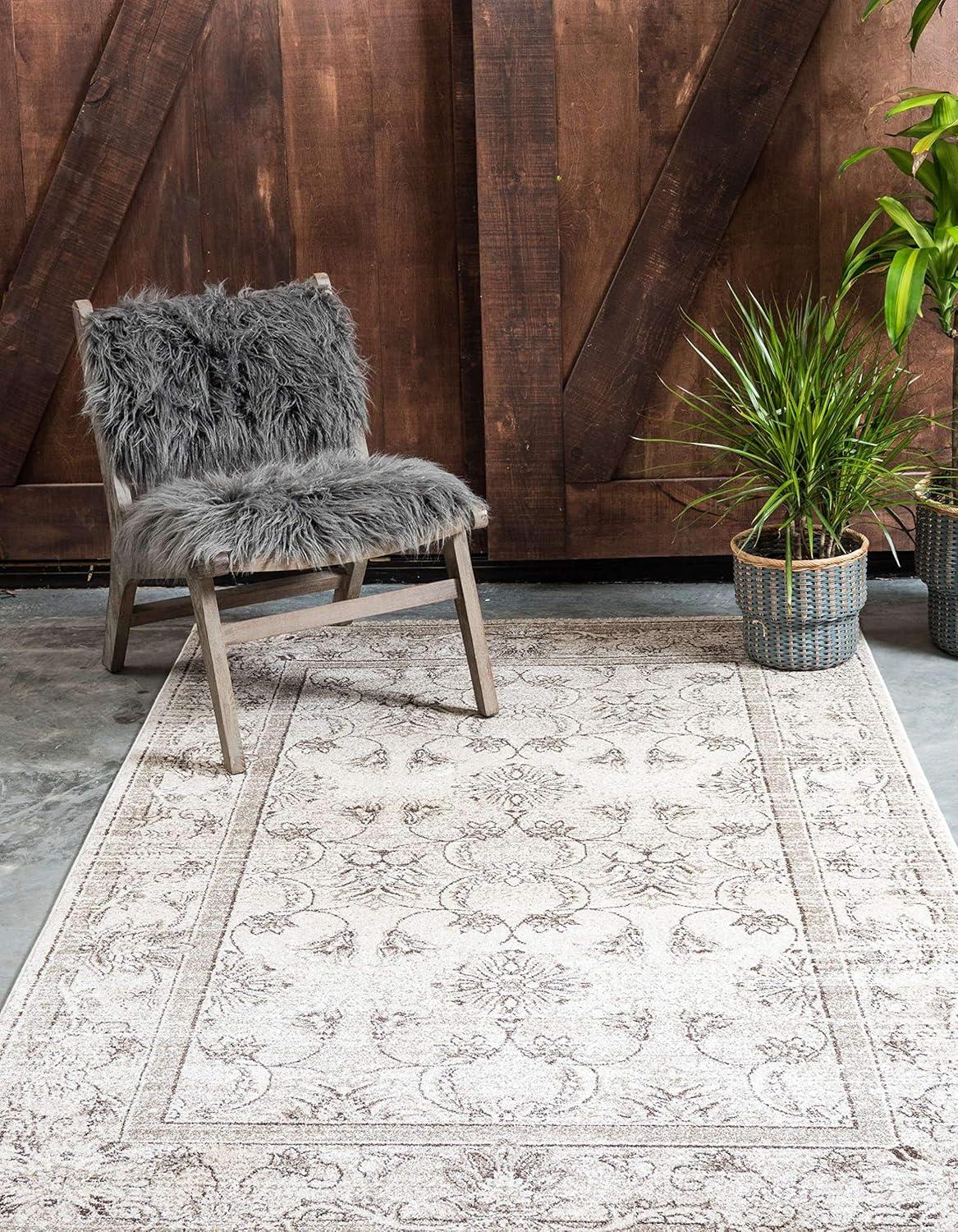 Ivory and Brown Floral Easy-Care Synthetic Area Rug, 6' x 9'