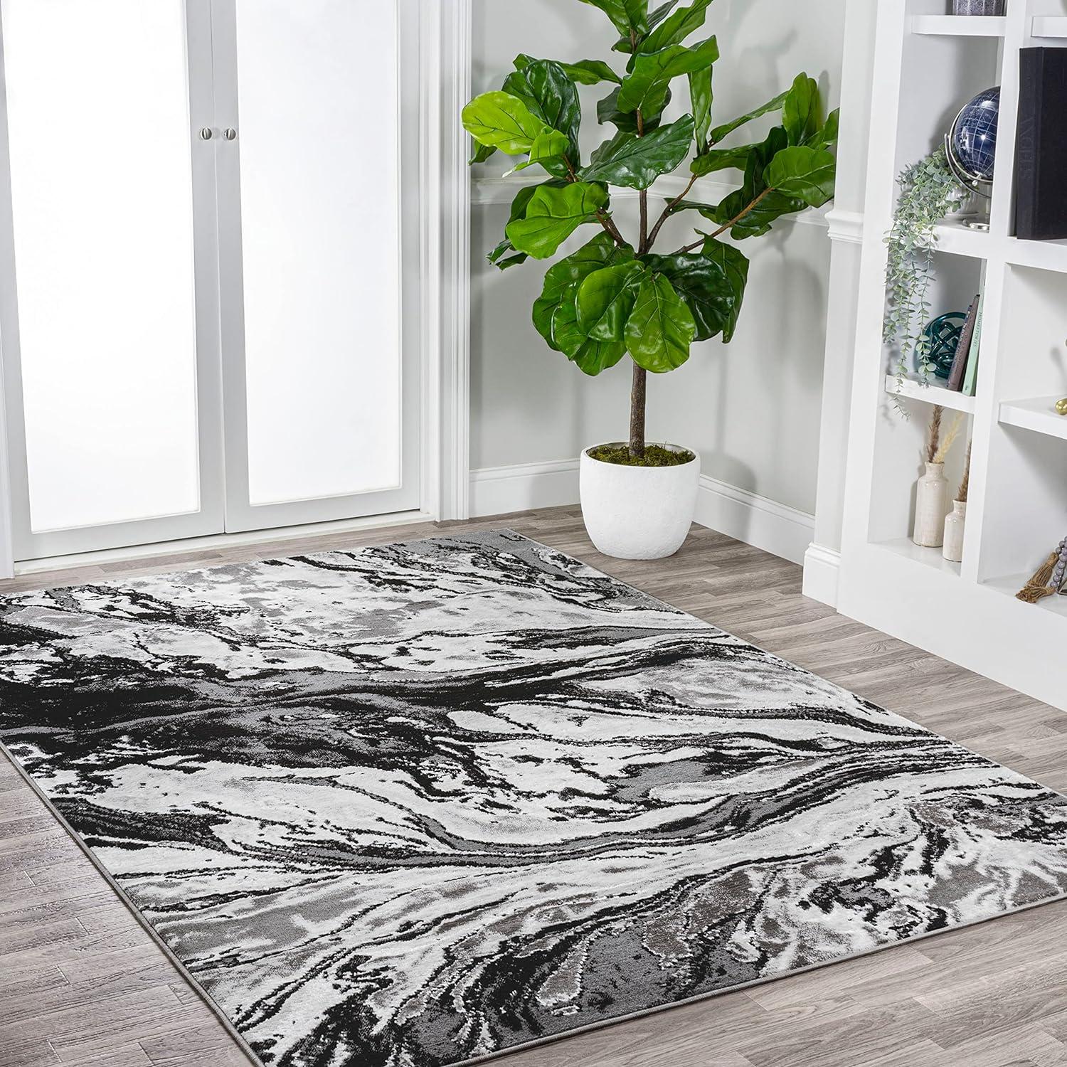 Abstract Swirl Marbled Black/Ivory 3x5 Synthetic Area Rug