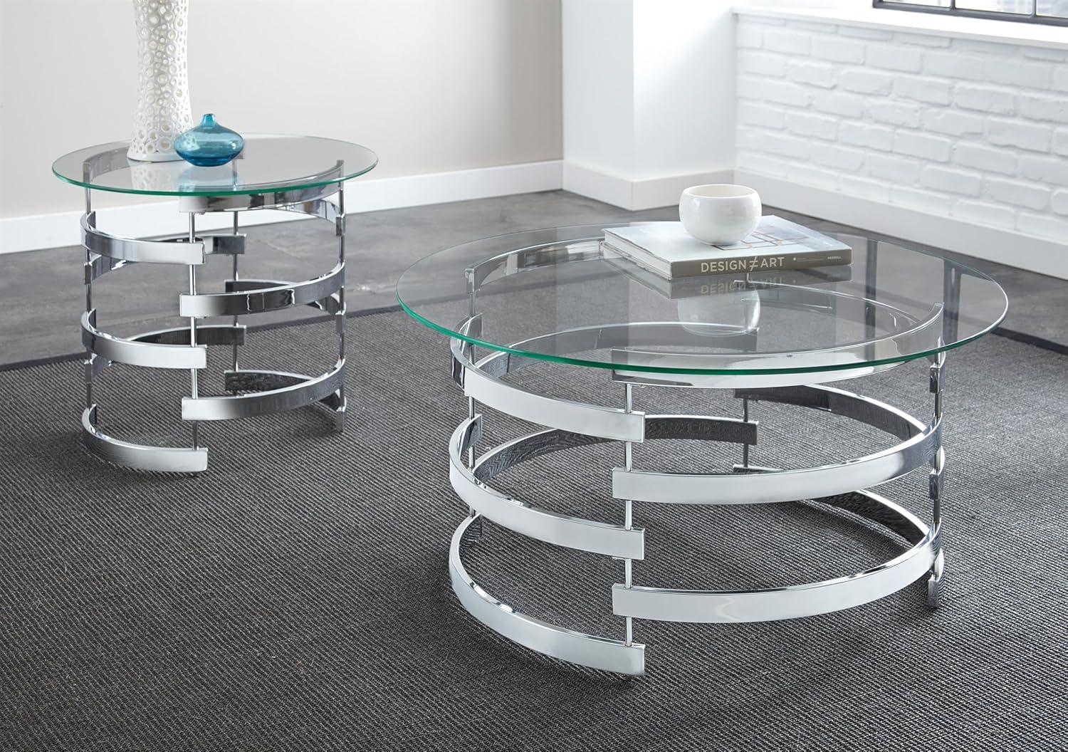 Tayside End Table Glass and Chrome - Steve Silver Co.: Circular, Chrome Frame, Tinted Top