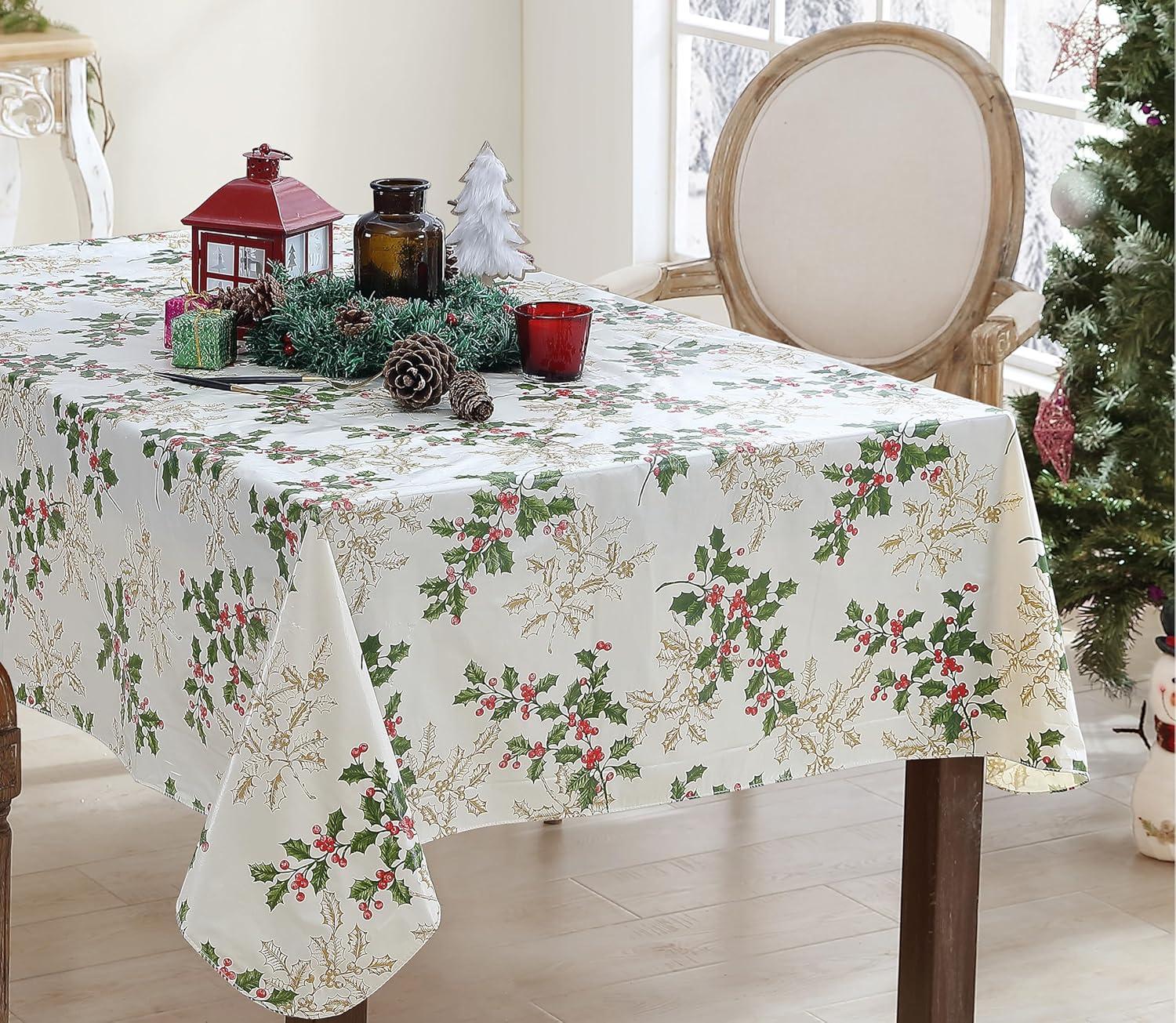 Golden Holly and Berry Vinyl Holiday Tablecloth, 52" Square