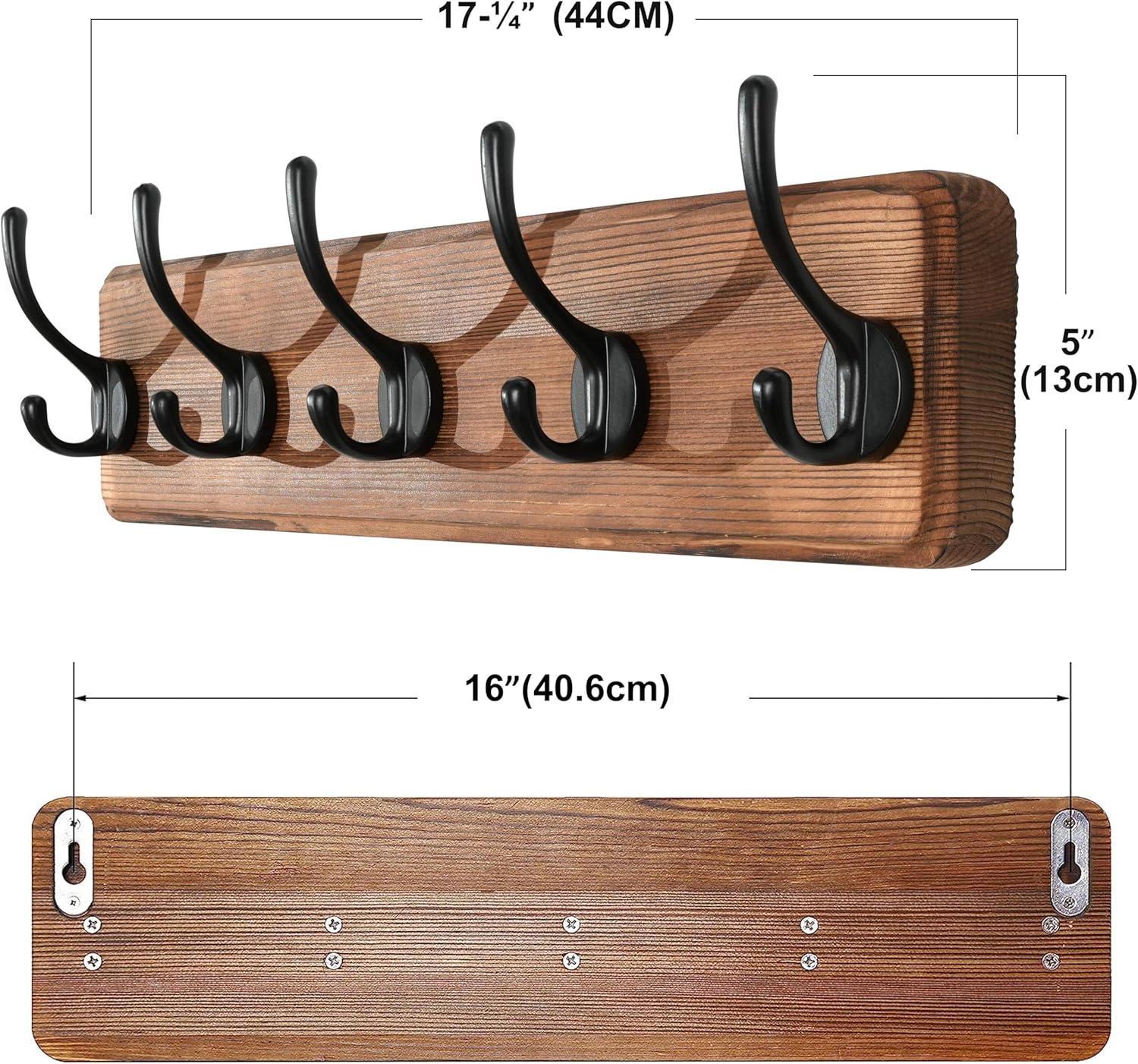 Rustic Distressed Pine Wall Mounted Coat Rack with Black Hooks