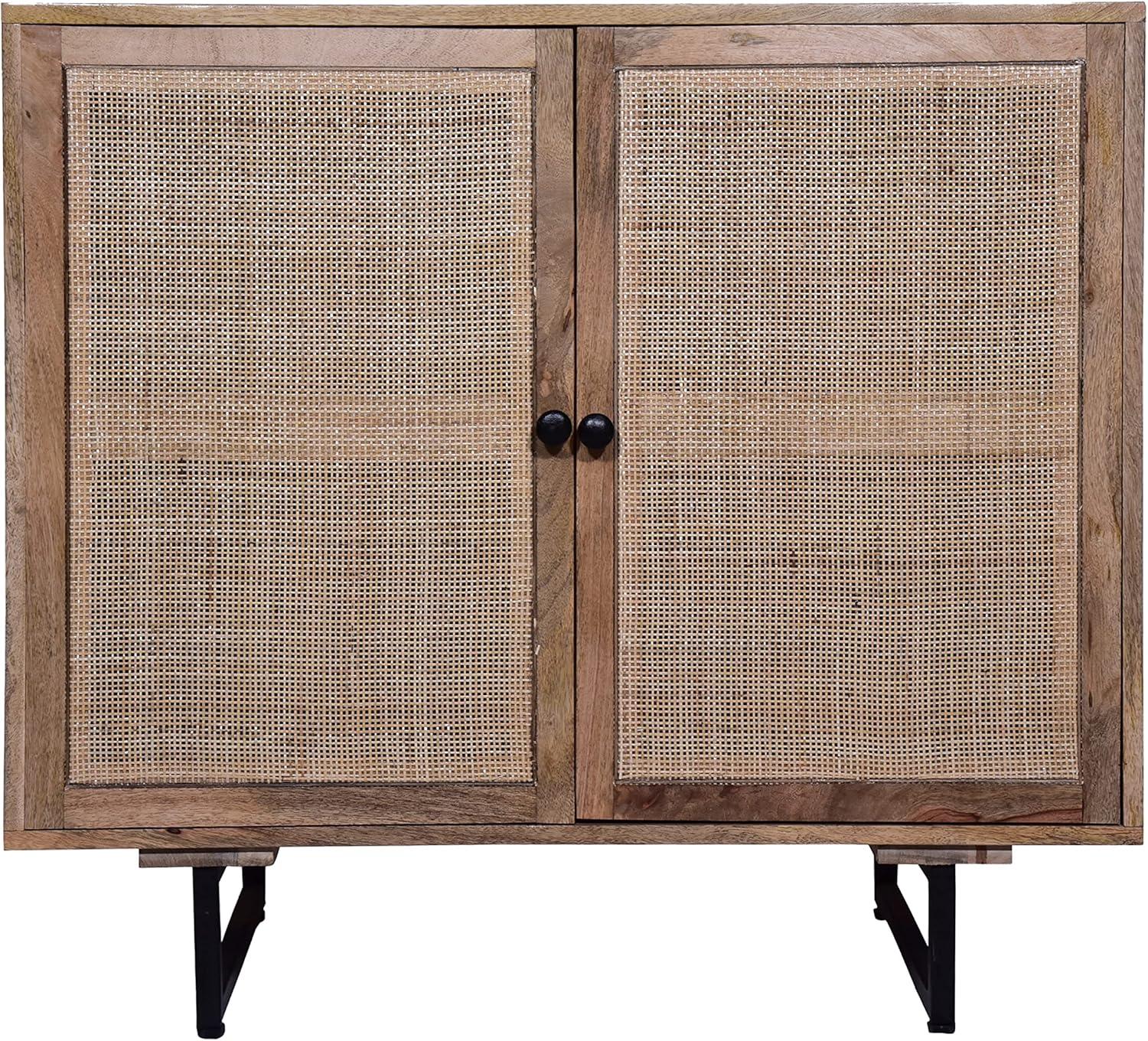 35 Inch Handcrafted Accent Cabinet with 2 Mesh Rattan Doors Black Iron Legs Natural Brown Mango Wood Frame - Saltoro