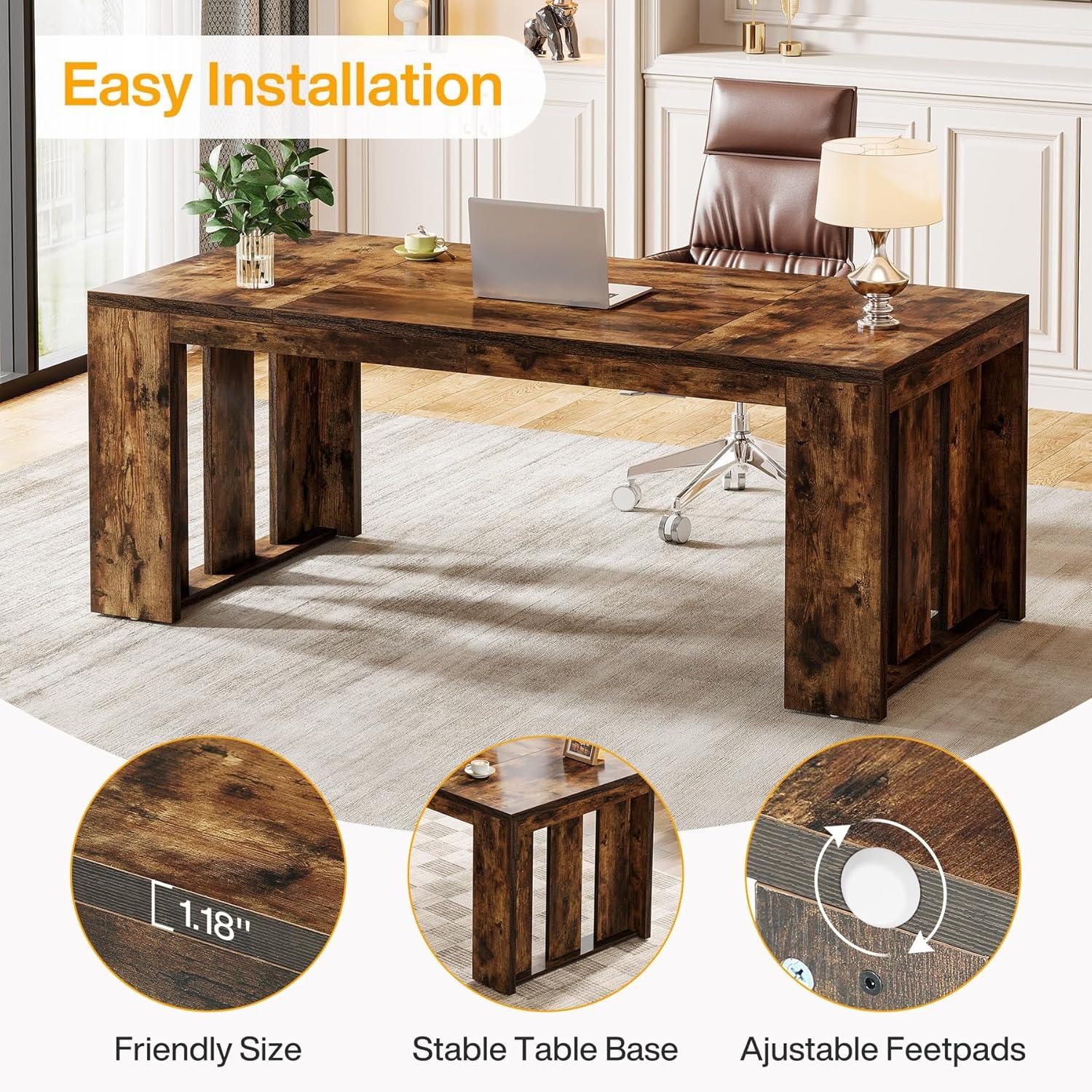 Tribesigns 63-Inch Executive Computer Desk, Industrial Writing Table with Solid Wooden Base for Home Office, Brown