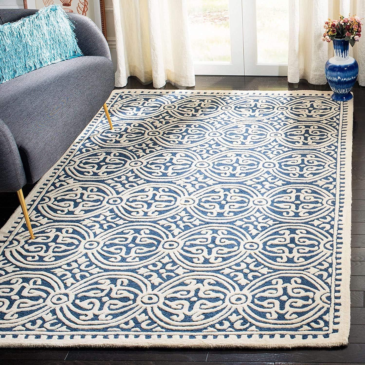 SAFAVIEH Cambridge Leslie Geometric Wool Area Rug, Navy Blue/Ivory, 3' x 5'