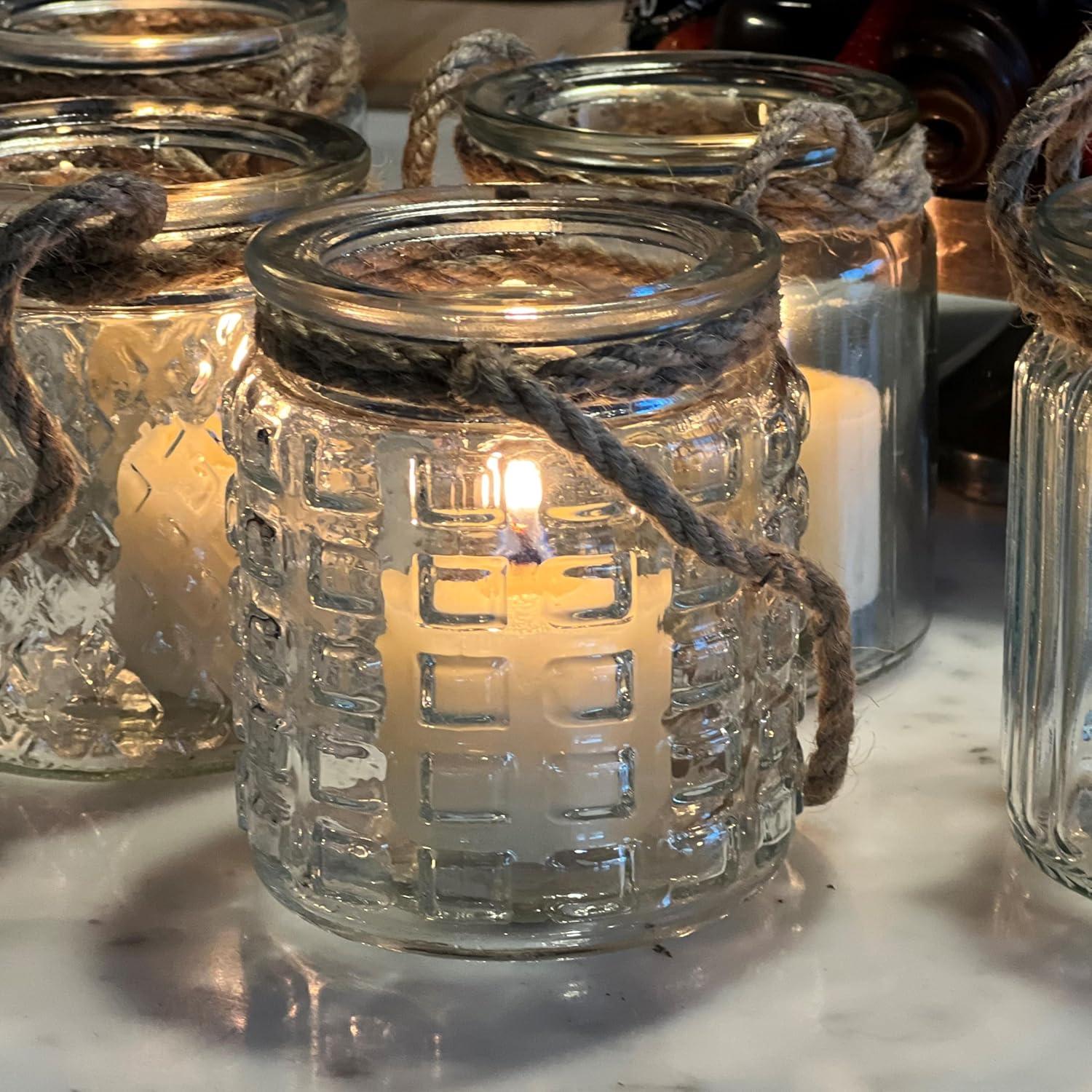 Beach Chic Nautical Rope Hurricane Lamps, Clear Glass Candle Holder, for LED or Wax Votive, Pillar or Tealights, Wind Light, Set of 5, 2 3/4 x 2 3/4 x 3 1/2 Inches
