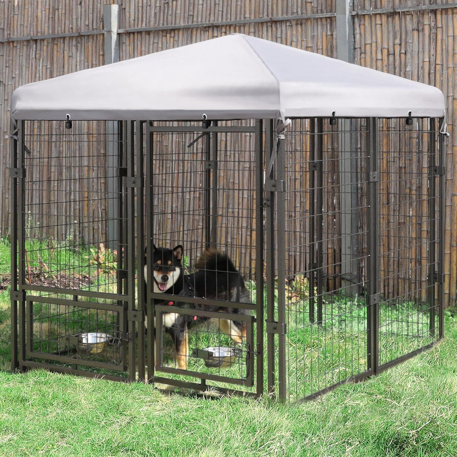 55'' Black Metal Outdoor Dog Kennel with Canopy and Feeding Door