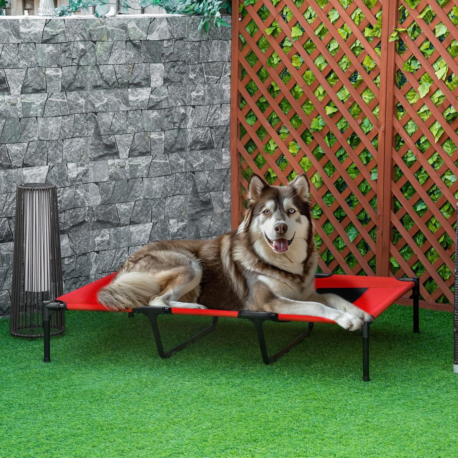 PawHut 48" x 36" Elevated Breathable Dog Bed Portable Pet Cot w/ Carry Bag Metal Frame Breathable Mesh Indoor and Outdoor Red