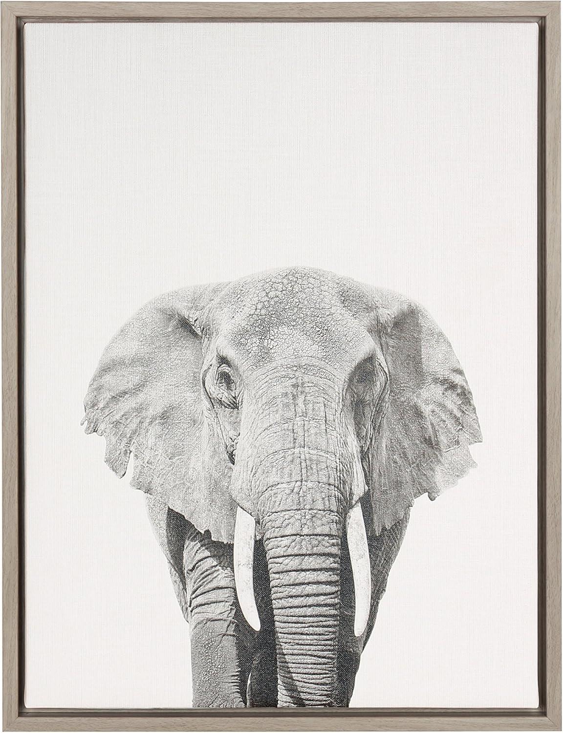 Gray Framed Black and White Elephant Canvas Wall Art