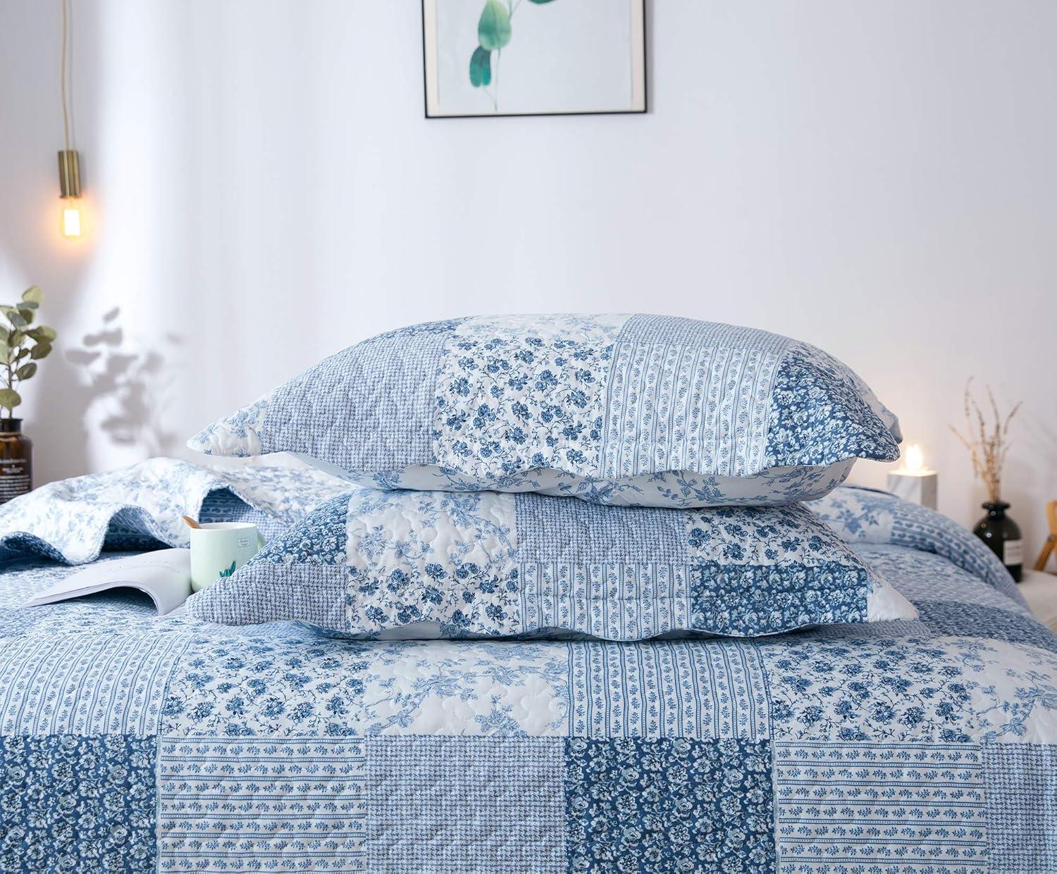 King Blue Microfiber Patchwork Quilt Set