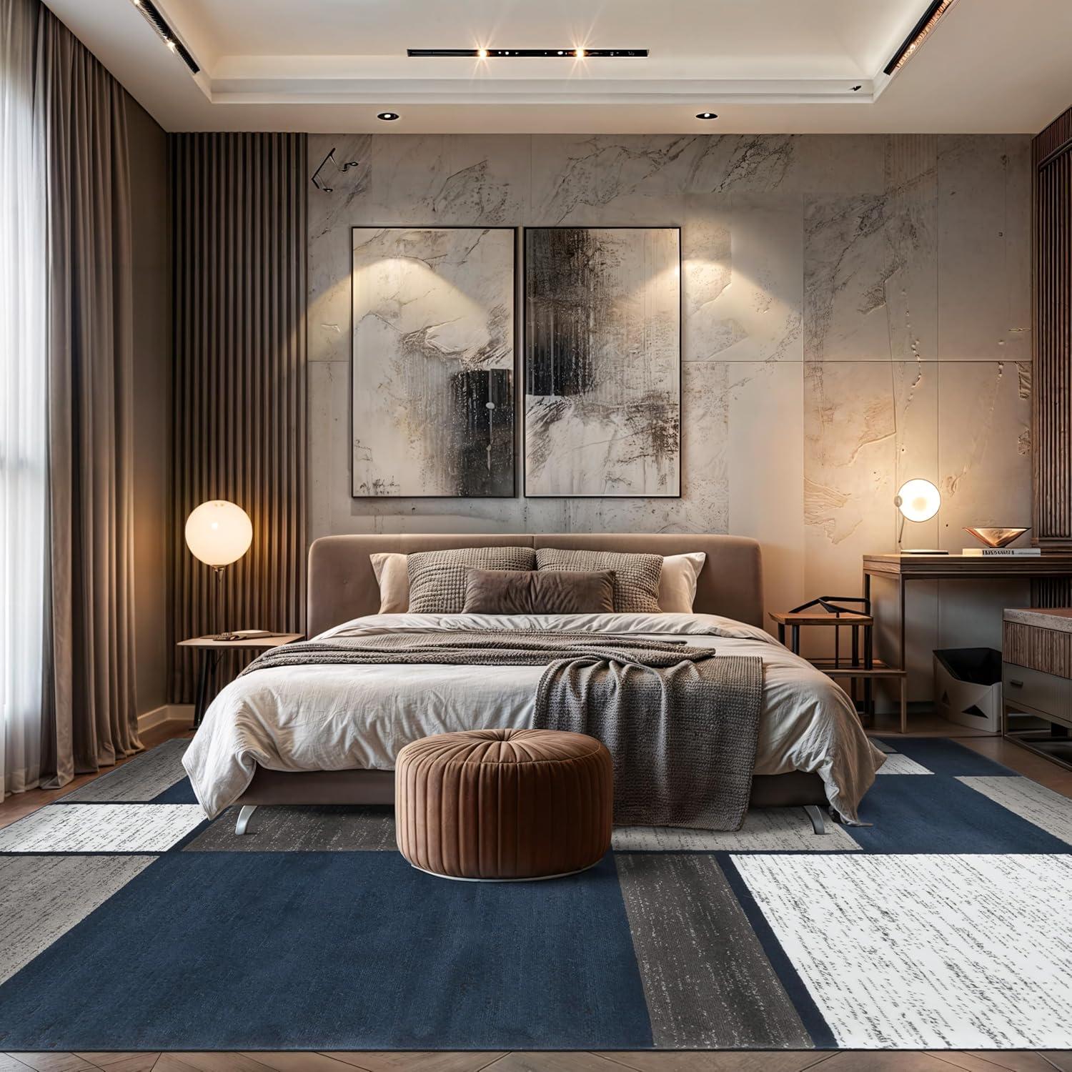 World Rug Gallery Contemporary Modern Boxed Color Block Area Rug Navy 9' x 12' Geometric, Color Block 9' x 12', 7' x 9' Living Room, Bedroom, Dining